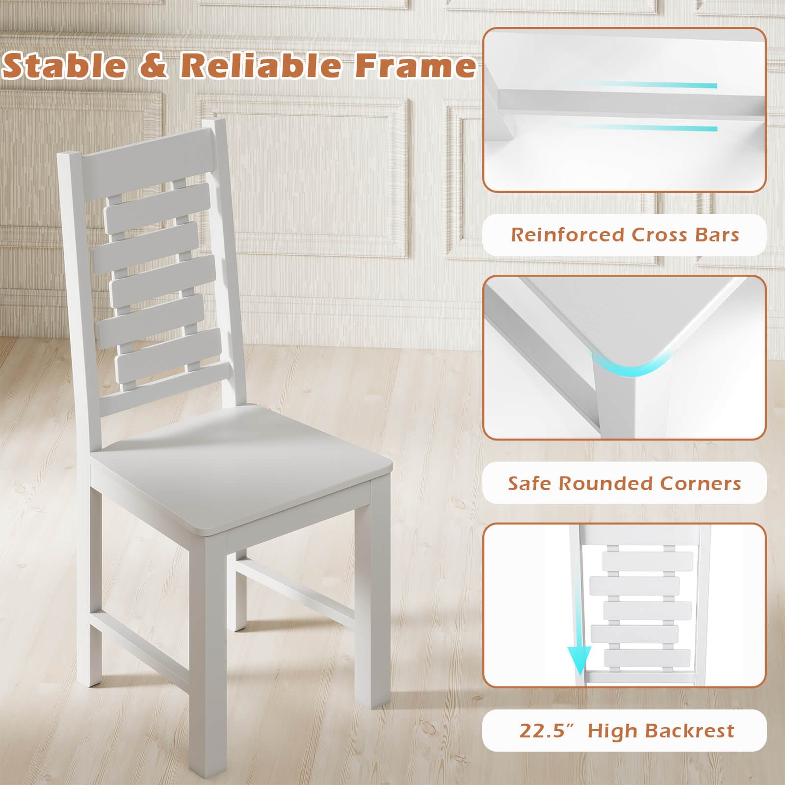 Farmhouse Dining Chair Set of 2 w/100% Rubber Wood Frame & Hollowed High Back