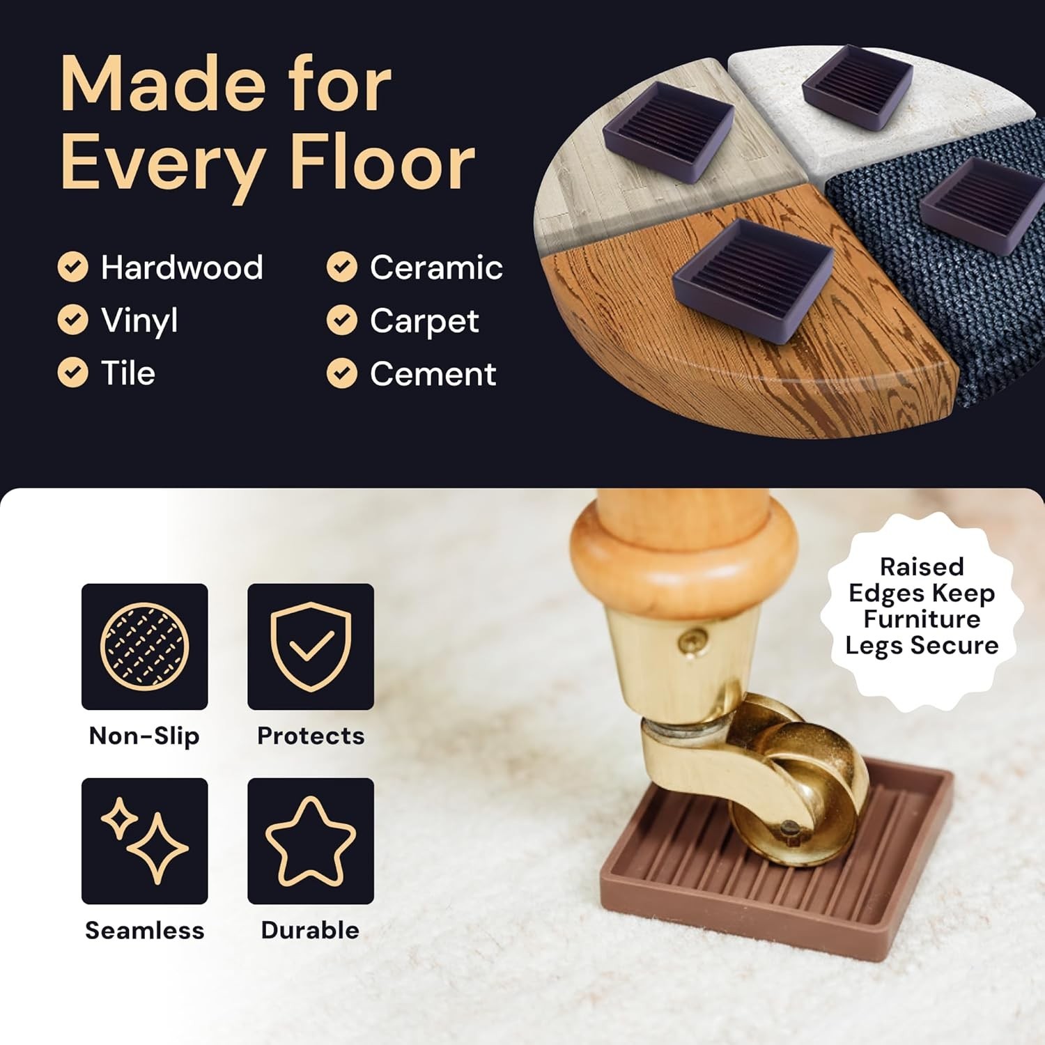 2×2 Non-Slip Furniture Pads for Hardwood & Vinyl – 4 Pack Brown Floor Protectors