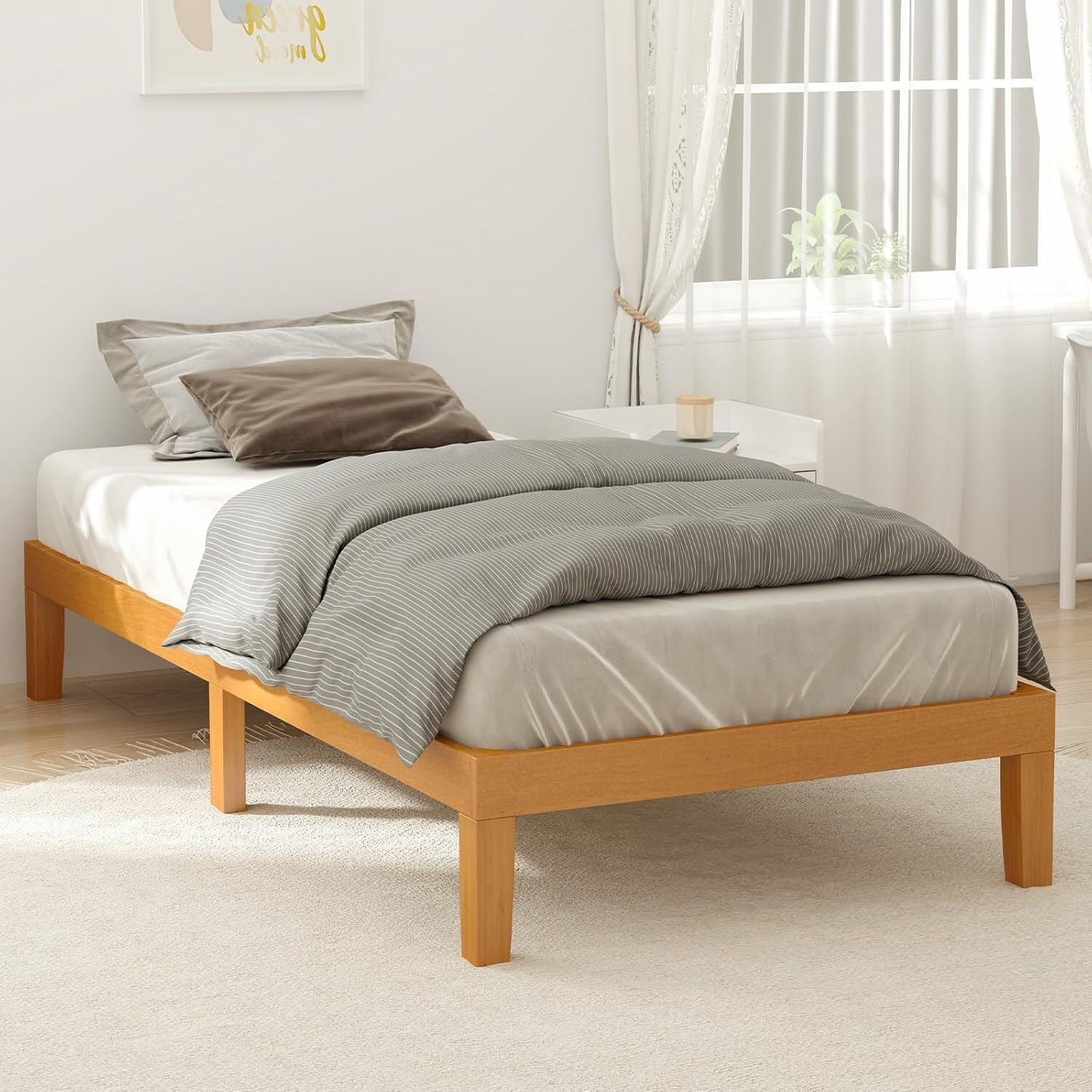 Twin Full Queen King Wood Bed Frame 12in Wooden Platform Bed with Support Slats