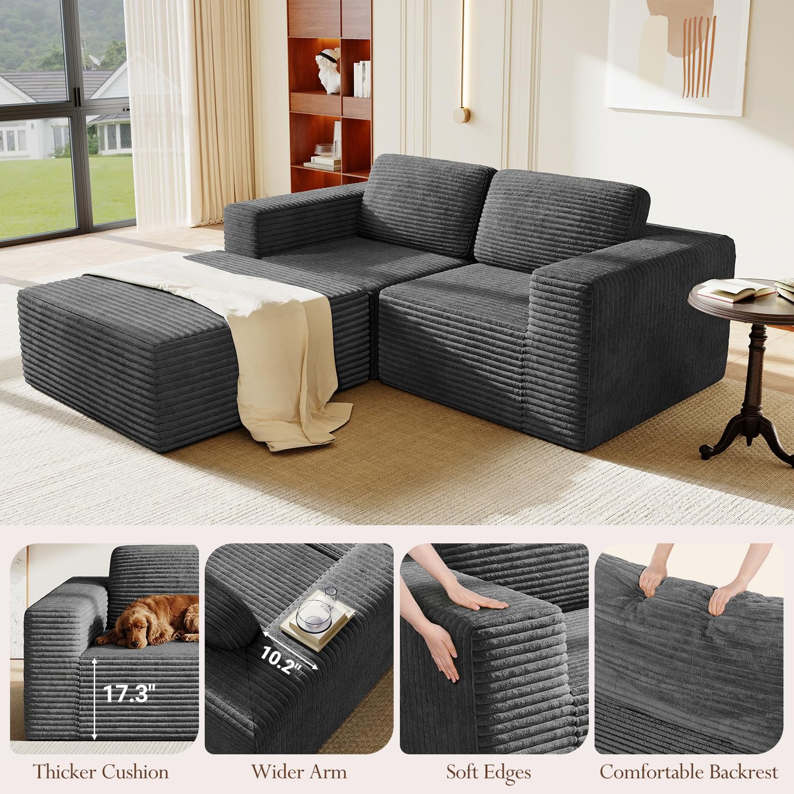 80 Modular Corduroy Cloud Couch Sectional Sofa Deep Seats L-Shaped Grey