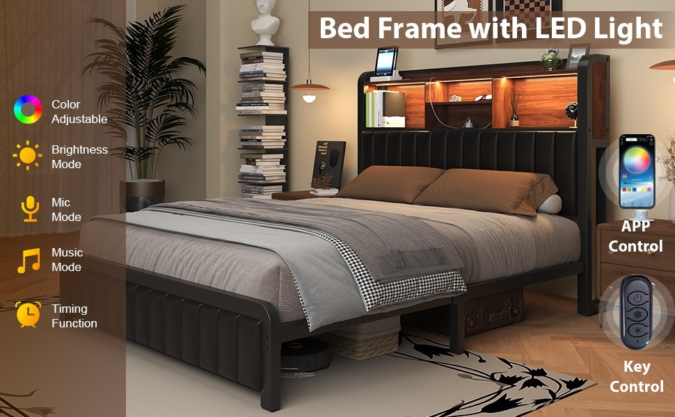 Full Queen Size Iron Bed Frame with Storage&Charging Headboard and LED Lights