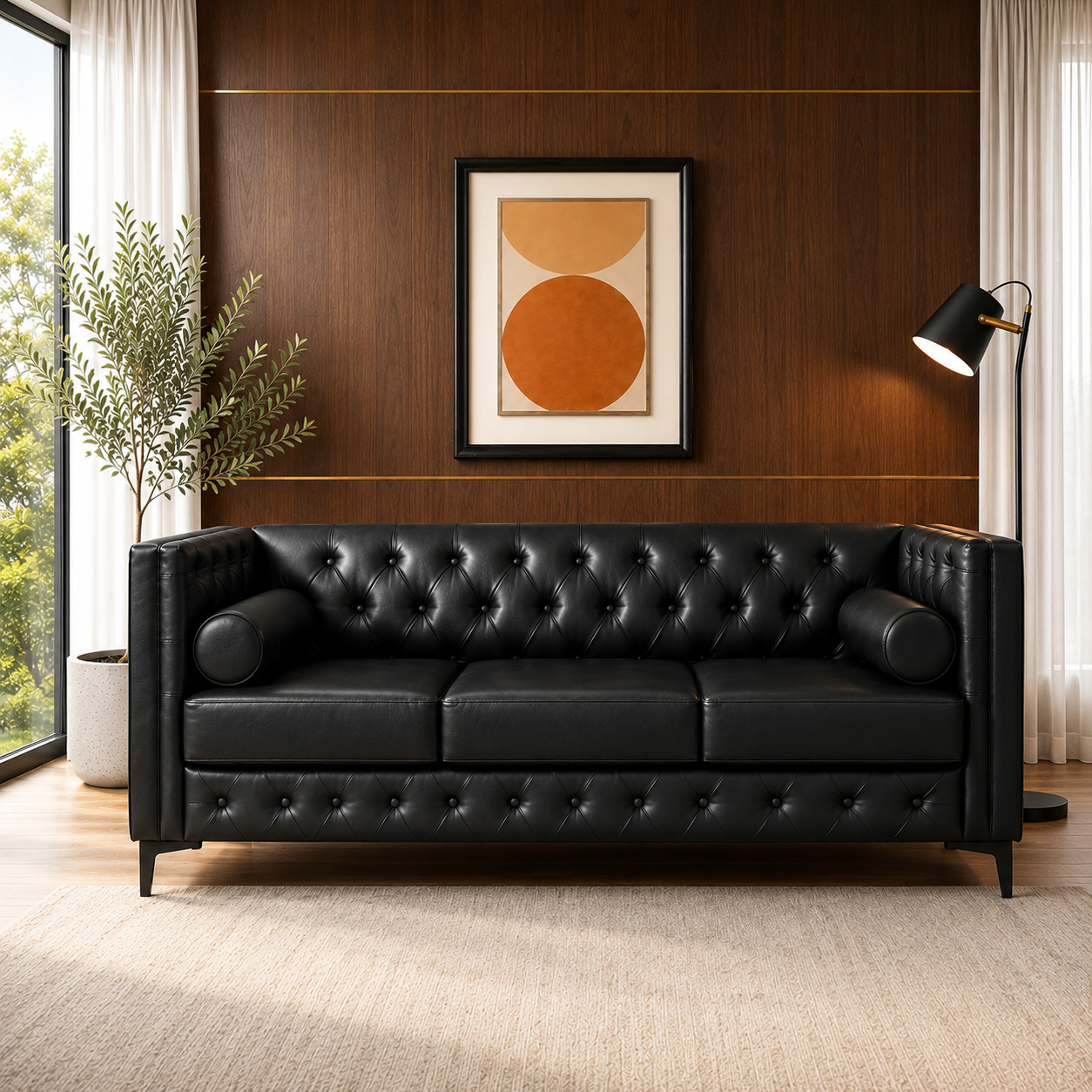 78.5″ Black Faux Leather Sofa, Mid Century Modern 3 Seater with Tufted Back