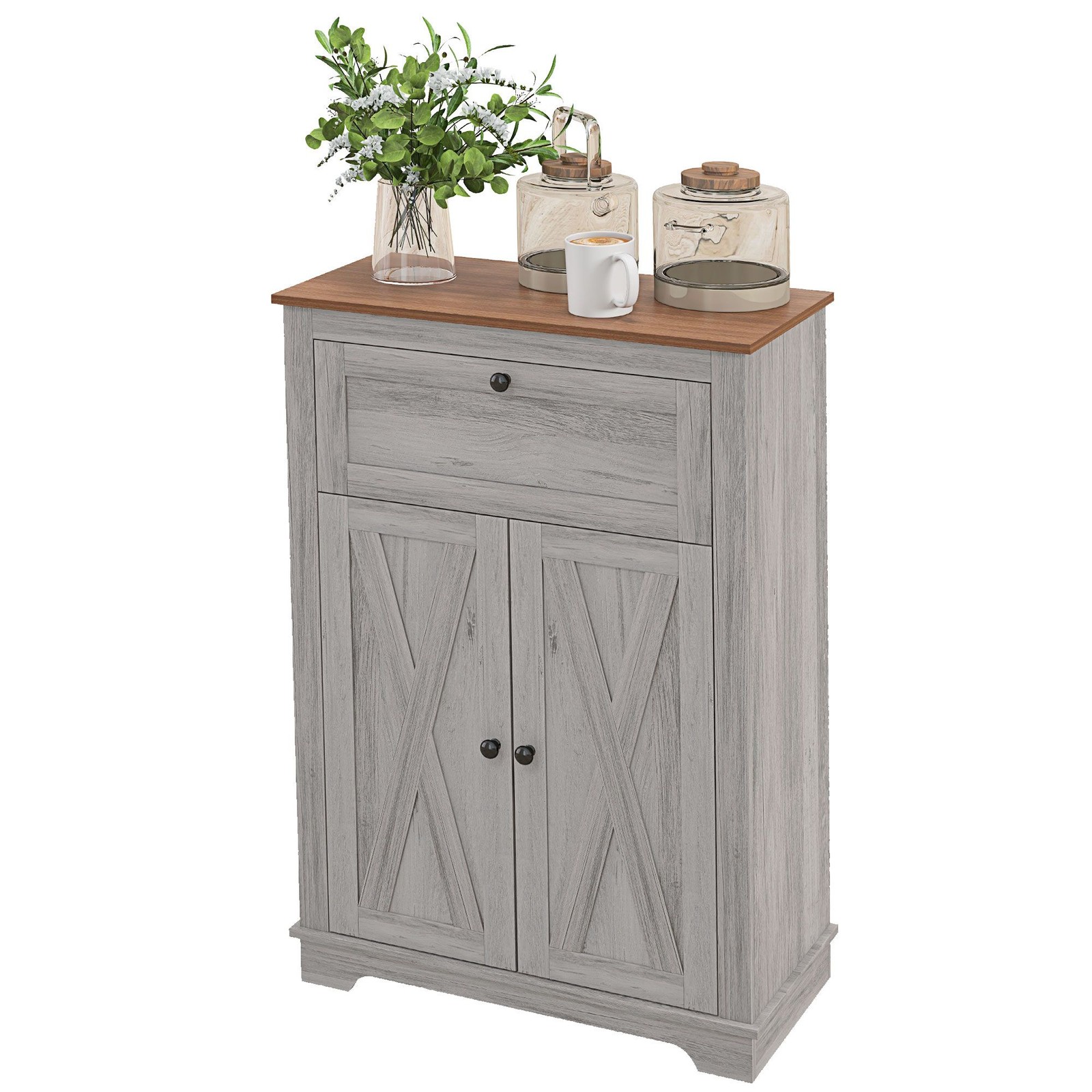 Modern Farmhouse Cabinet 23.5×11.75×34.5in, Door, Drawer, Light Gray