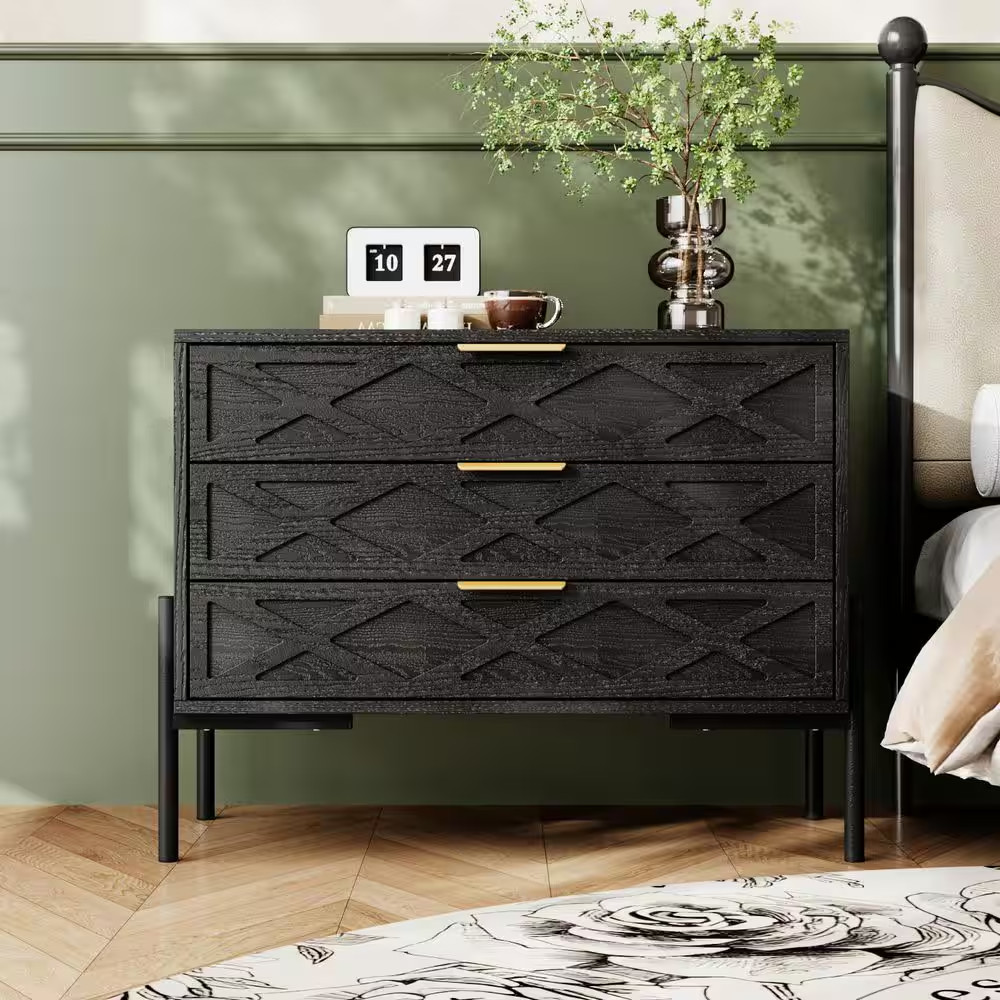 Black 3-Drawer 29.7 In. W X 23.6 In. H Nightstand, End Side Table with Golden Ha