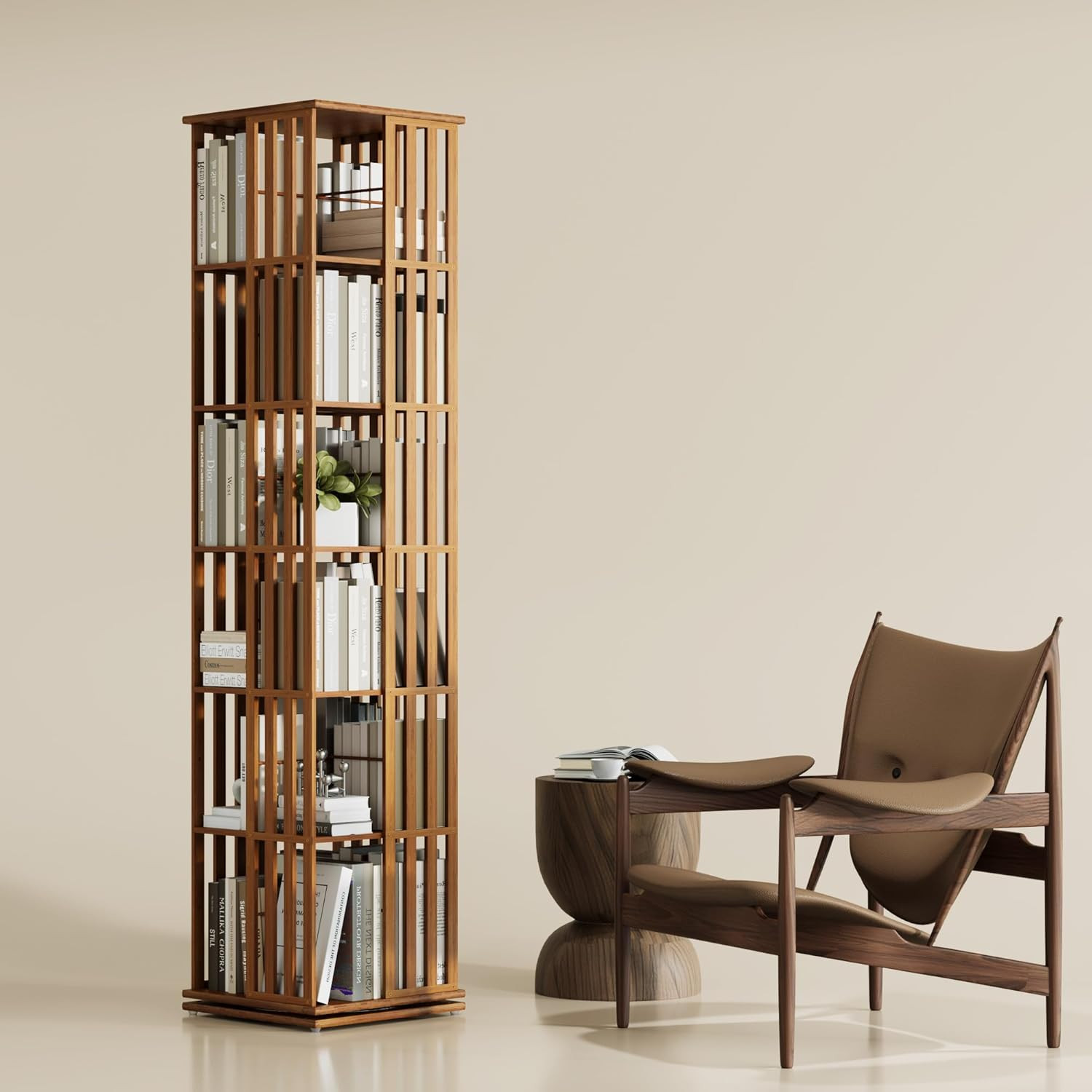 Rotating Bookshelf Tower, 360 Display Spinning Bookcase, Bamboo Bookshelf Floor