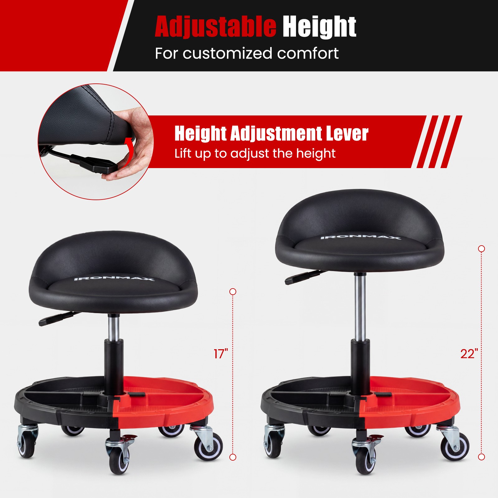 360° Rolling Mechanic Stool w/Tool Storage Tray, Backrest, Lockable Wheels