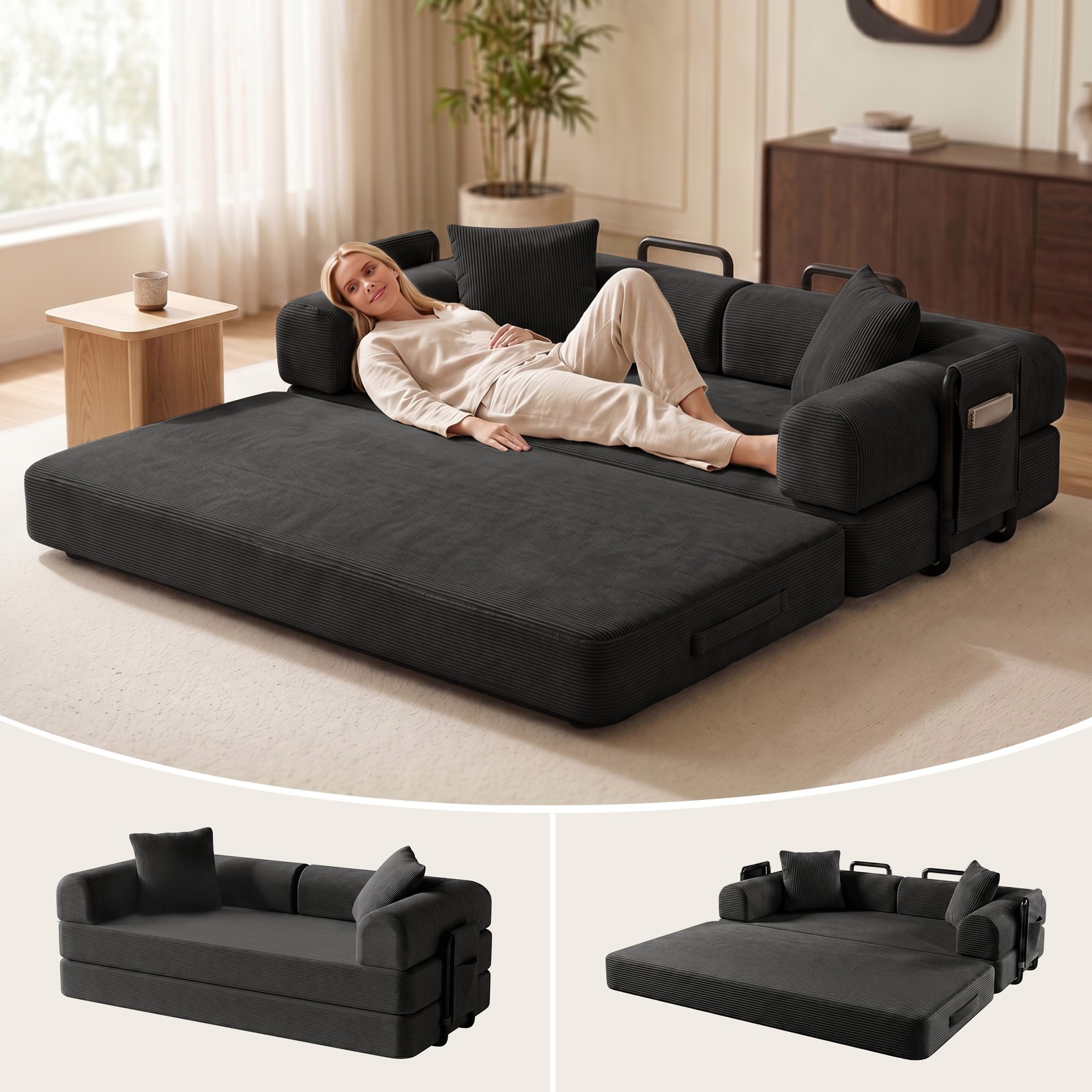 1200lbs Sofa Bed Couch Sleeper Convertible Fold-Out Bed Couch With Side Pockets
