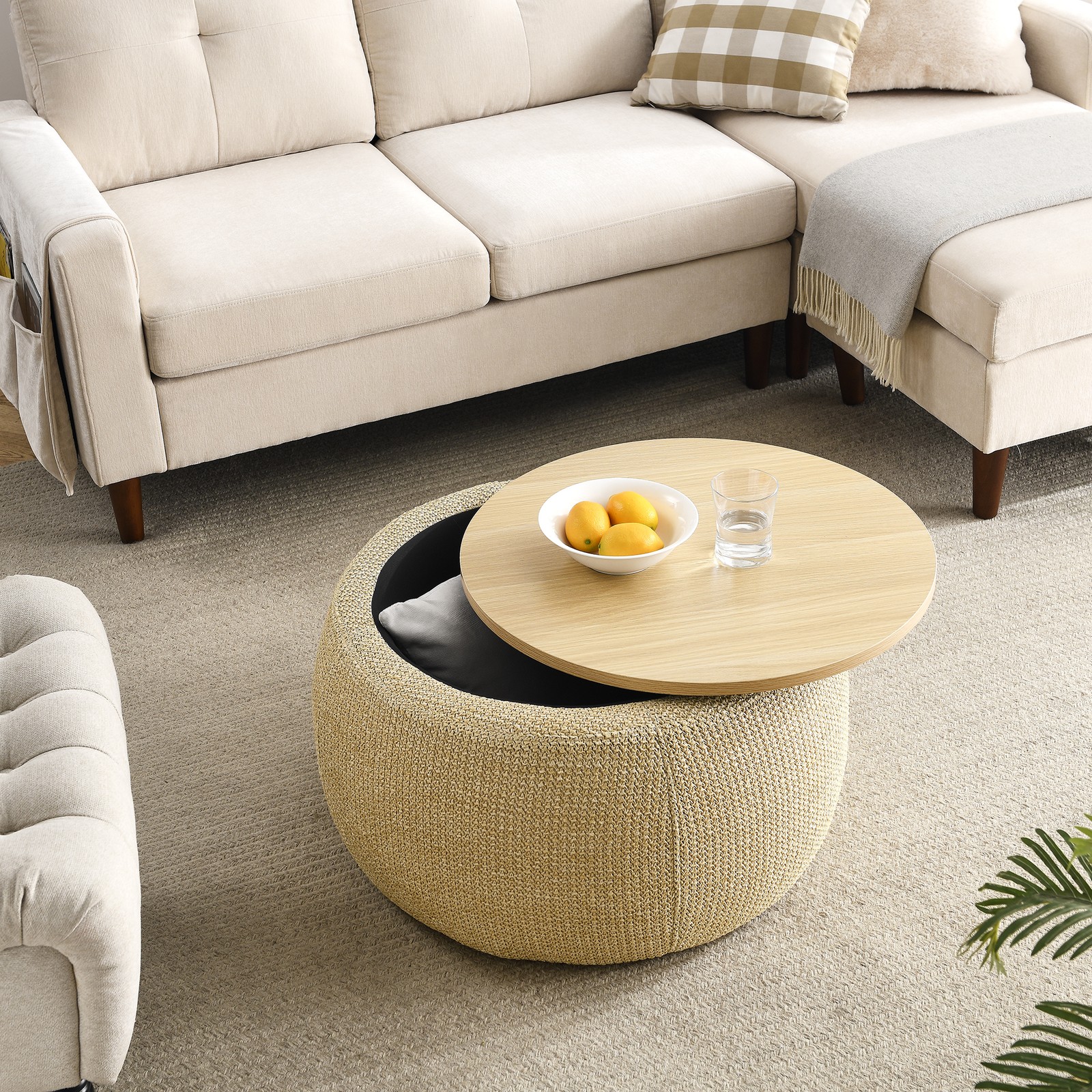 Round Storage Ottoman 2 in 1 Function End table Navy (25.5″x25.5″x14.5″) Fashion