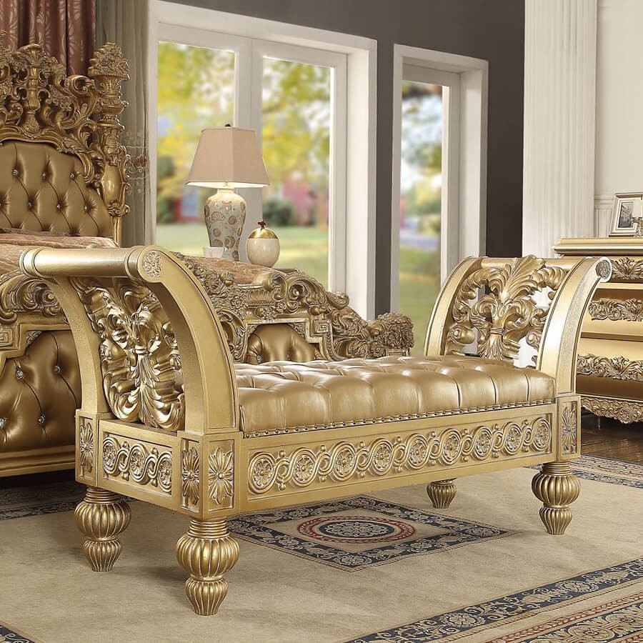 Luxury Ornate King Bed Rich Gold Carved Wood w/ Leather Old World Baroque Rococo