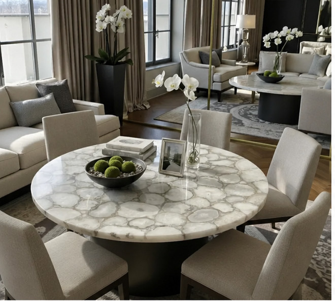 Round White Agate Stone Dining Table | Elegant Luxury Home Decor