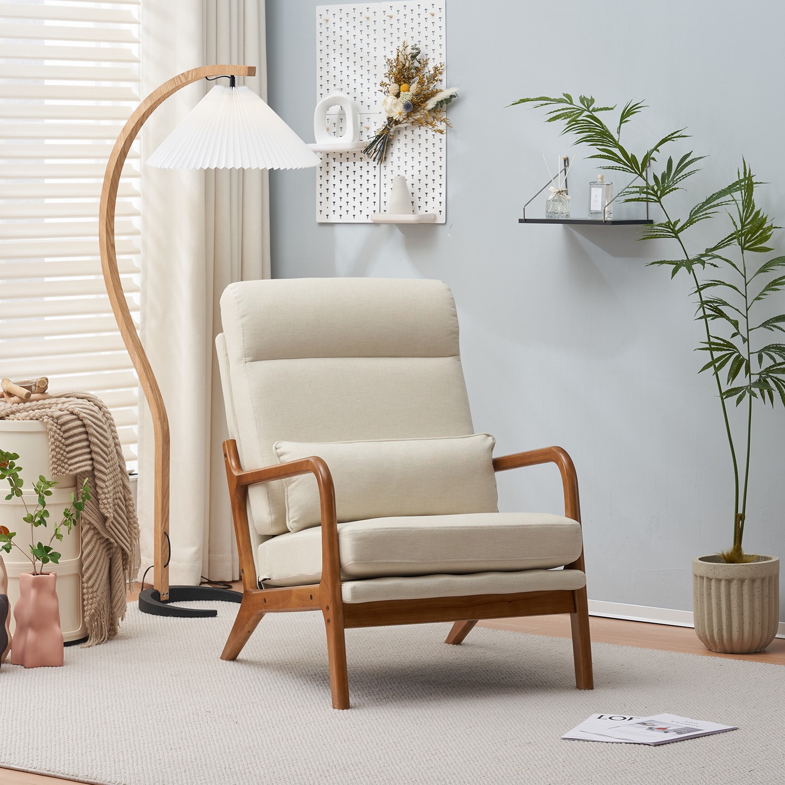High Back Solid Wood Armrest Backrest Iron Frame Linen Indoor Leisure Chair Off