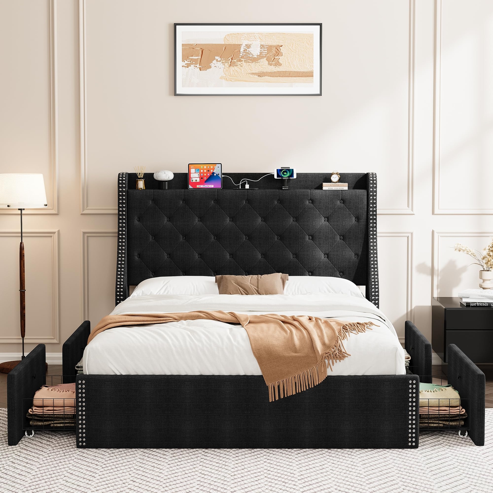 Queen Size Bed Frame ,w/Wingback Headboard with Charging Station and 4 Drawers