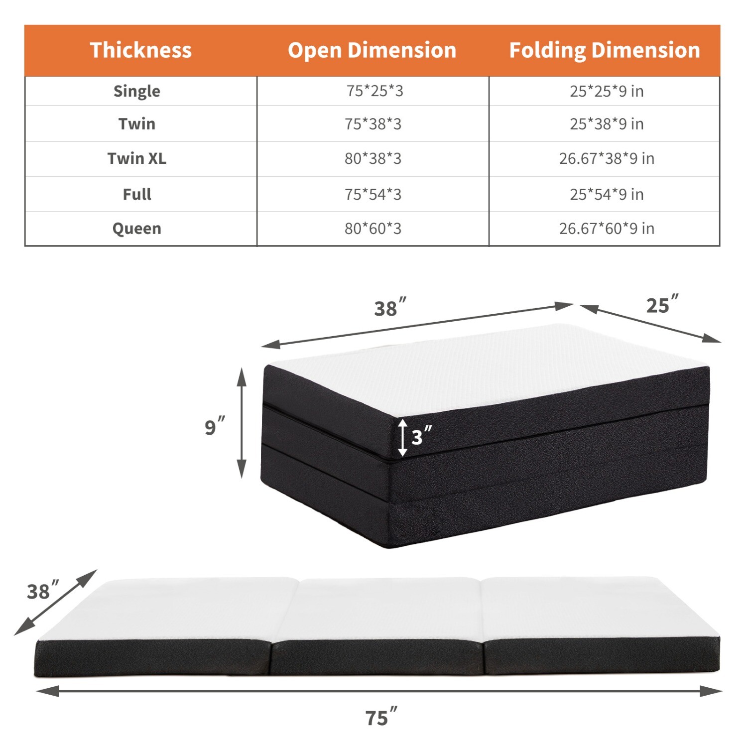 5 Sizes Portable 3-inch Thick Tri-Fold Memory Foam Mattress Topper for Sleeping