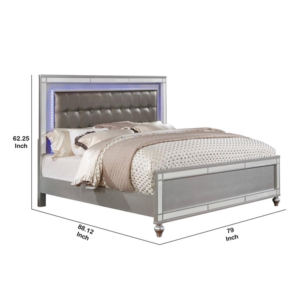 Bowery Hill Button Tufted Eastern King Bed with Ornate Bun Feet in Silver