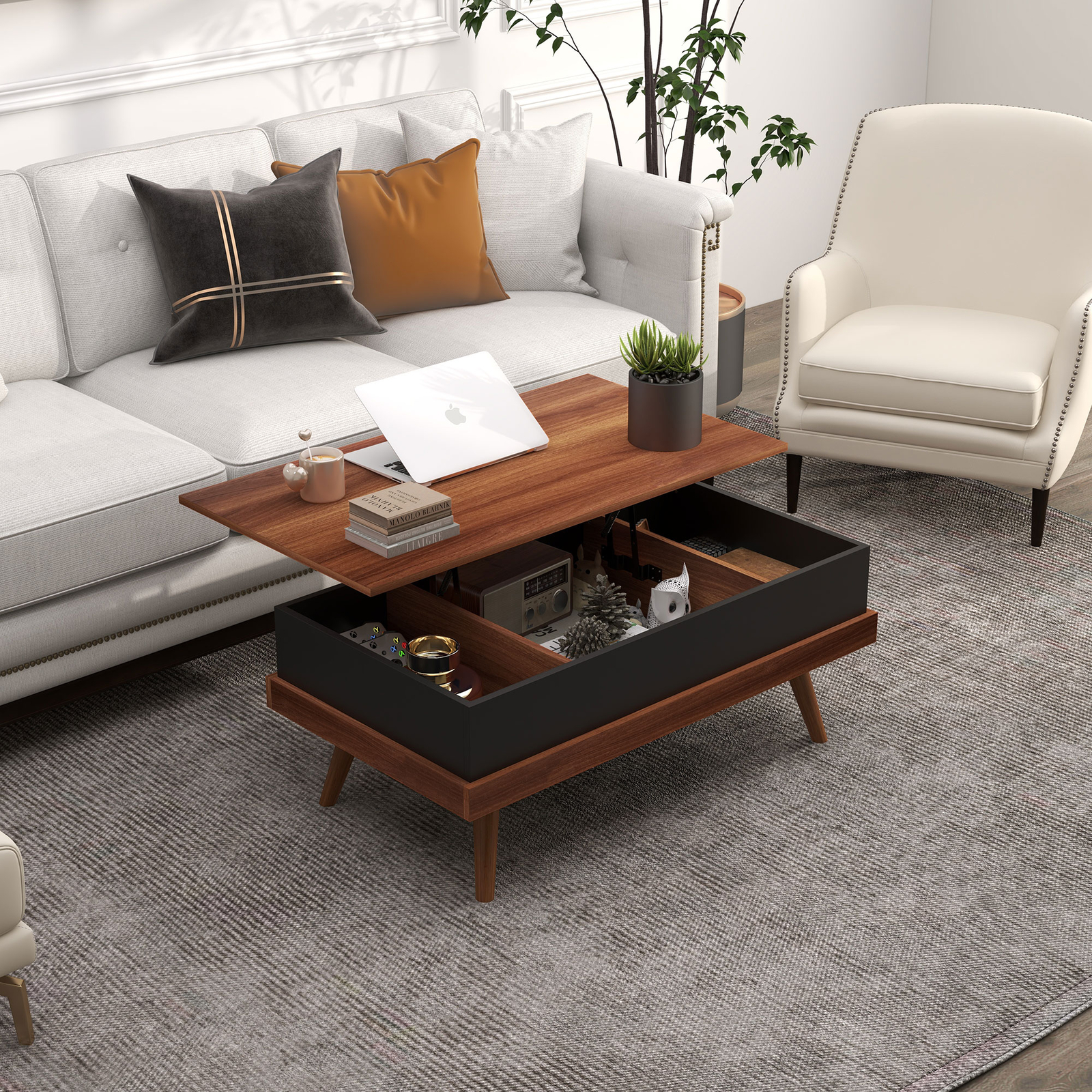 HOMCOM Lift Top Coffee Table with Hidden Compartments and Wood Legs, Walnut