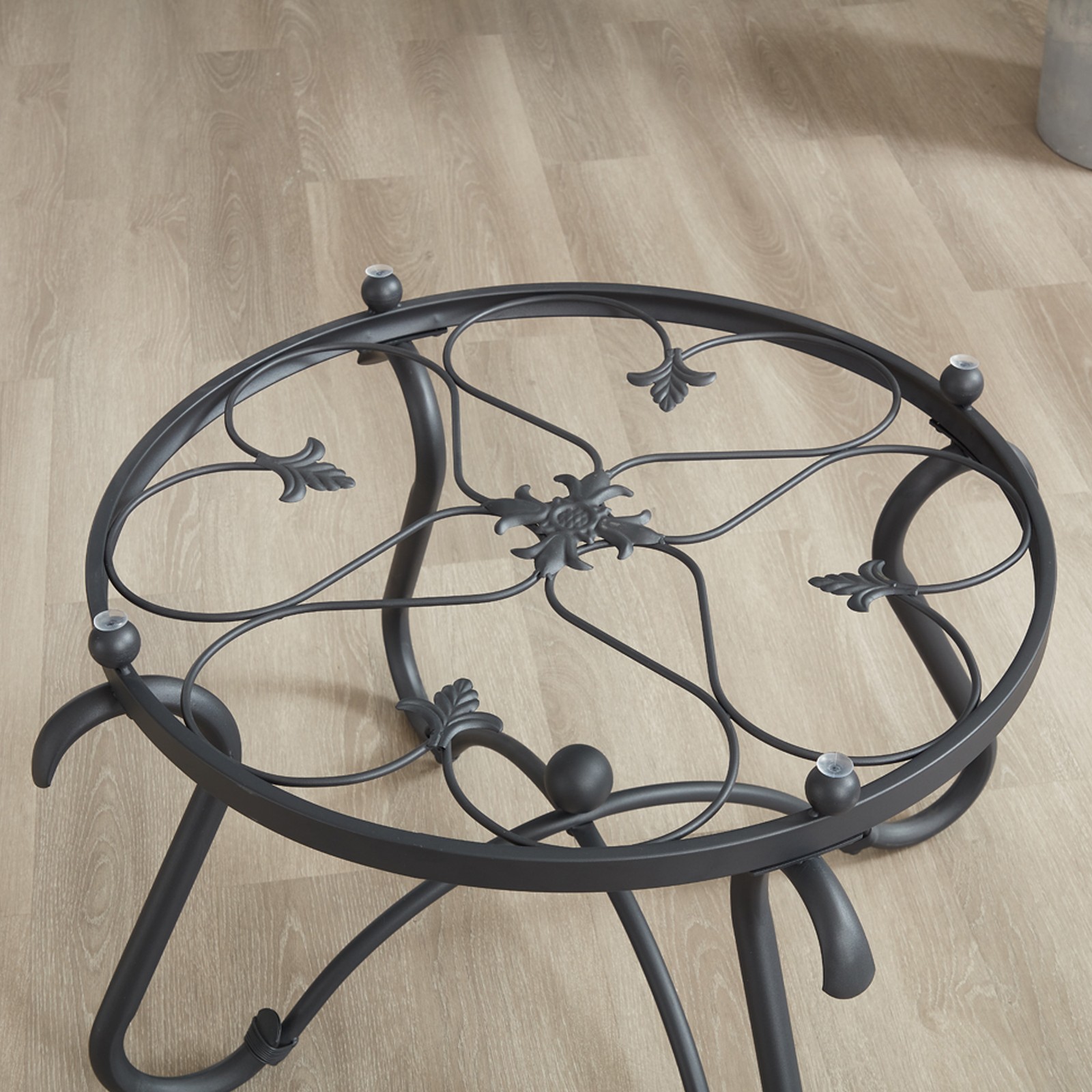 2-Piece Tempered Glass Coffee Table Set Round End Side Tables Rustic Black