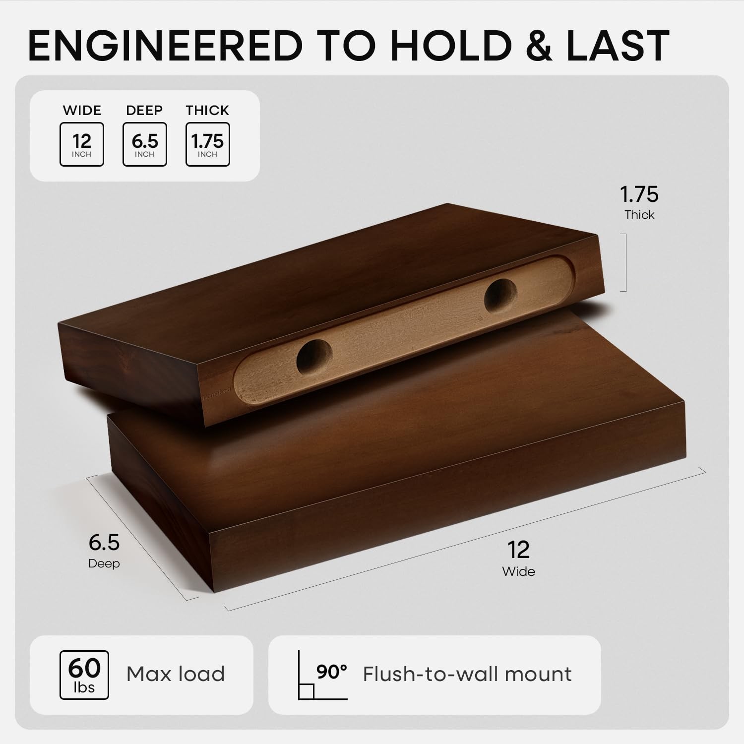 Walnut 12 Inch Floating Shelf Solid Real Wood Heavy Duty Wall Mount 2 PCS Set
