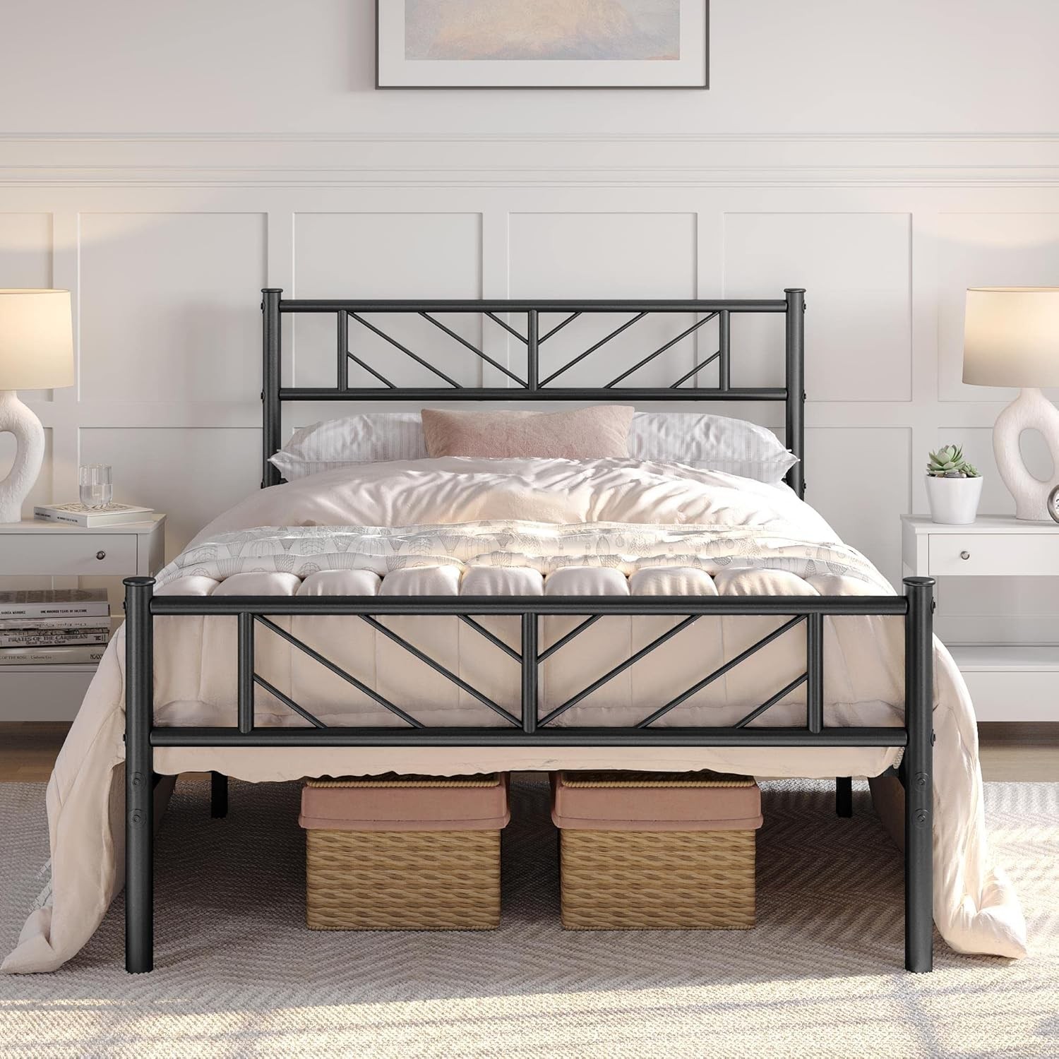 Twin Size Platform Bed Frame W/ Arrow Design Headboard 13 Inches Metal Mattress