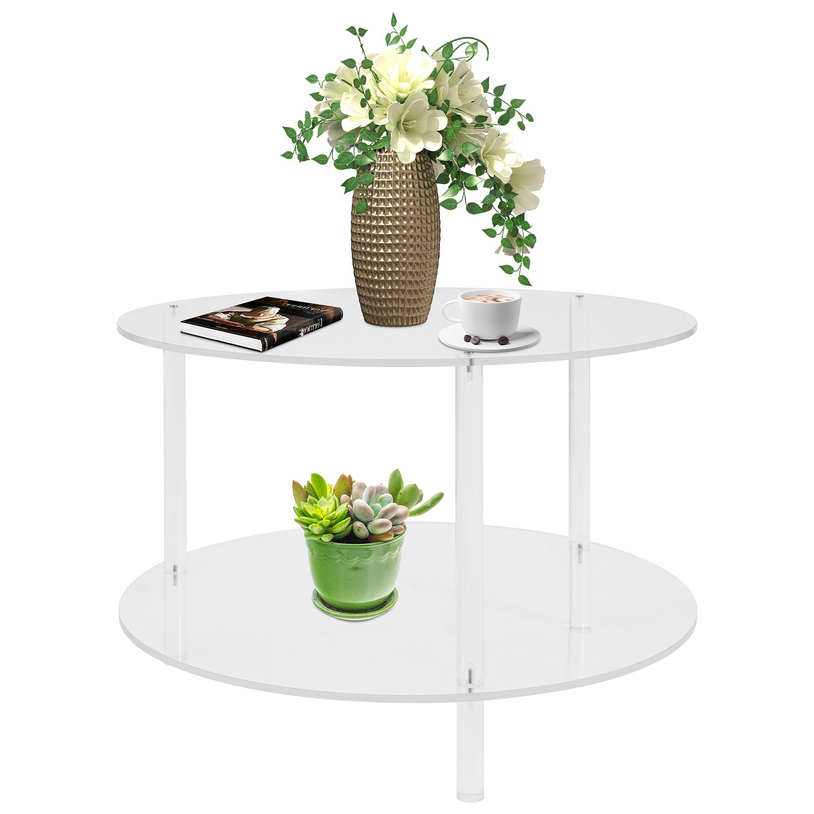 2-Tier Clear Acrylic Round Coffee Table 11.8″ Tier Spacing Smooth Rounded Edges