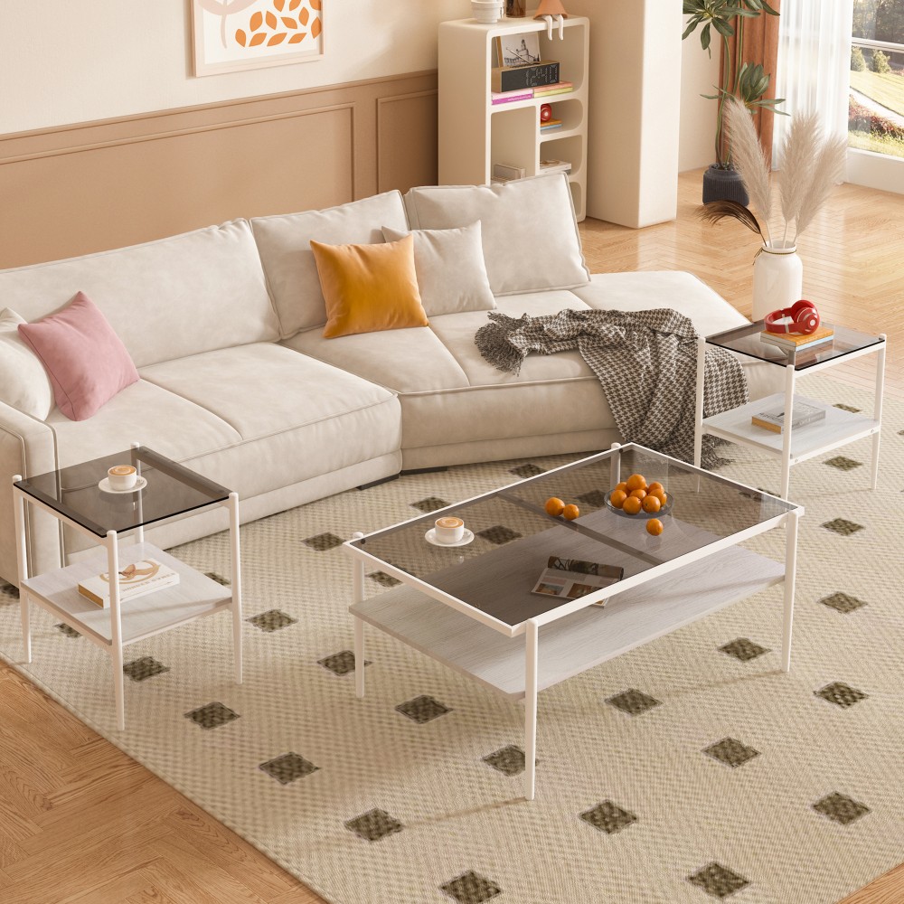 Coffee Table with Side Table Tempered Glass Top Smooth Edges MDF Base Iron Legs
