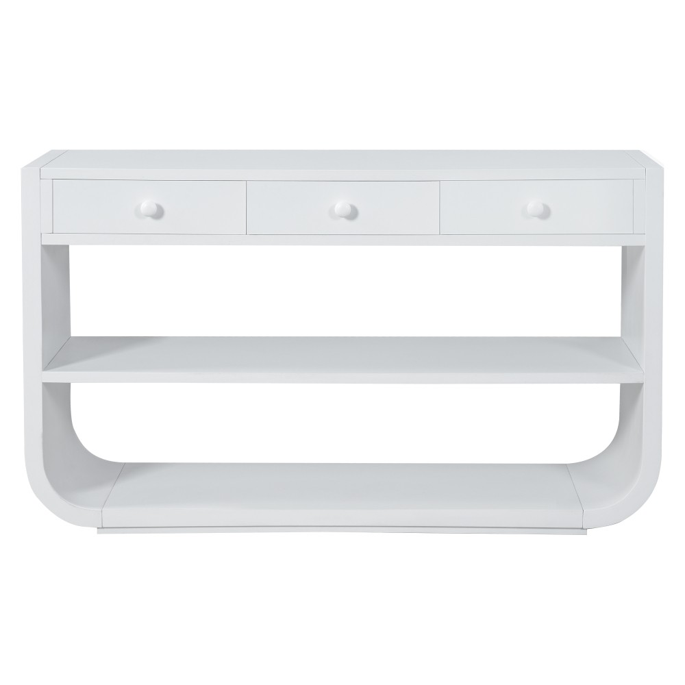 Modern Curved Console Table with 3 Soft-Close Drawers & 2 Open Shelves