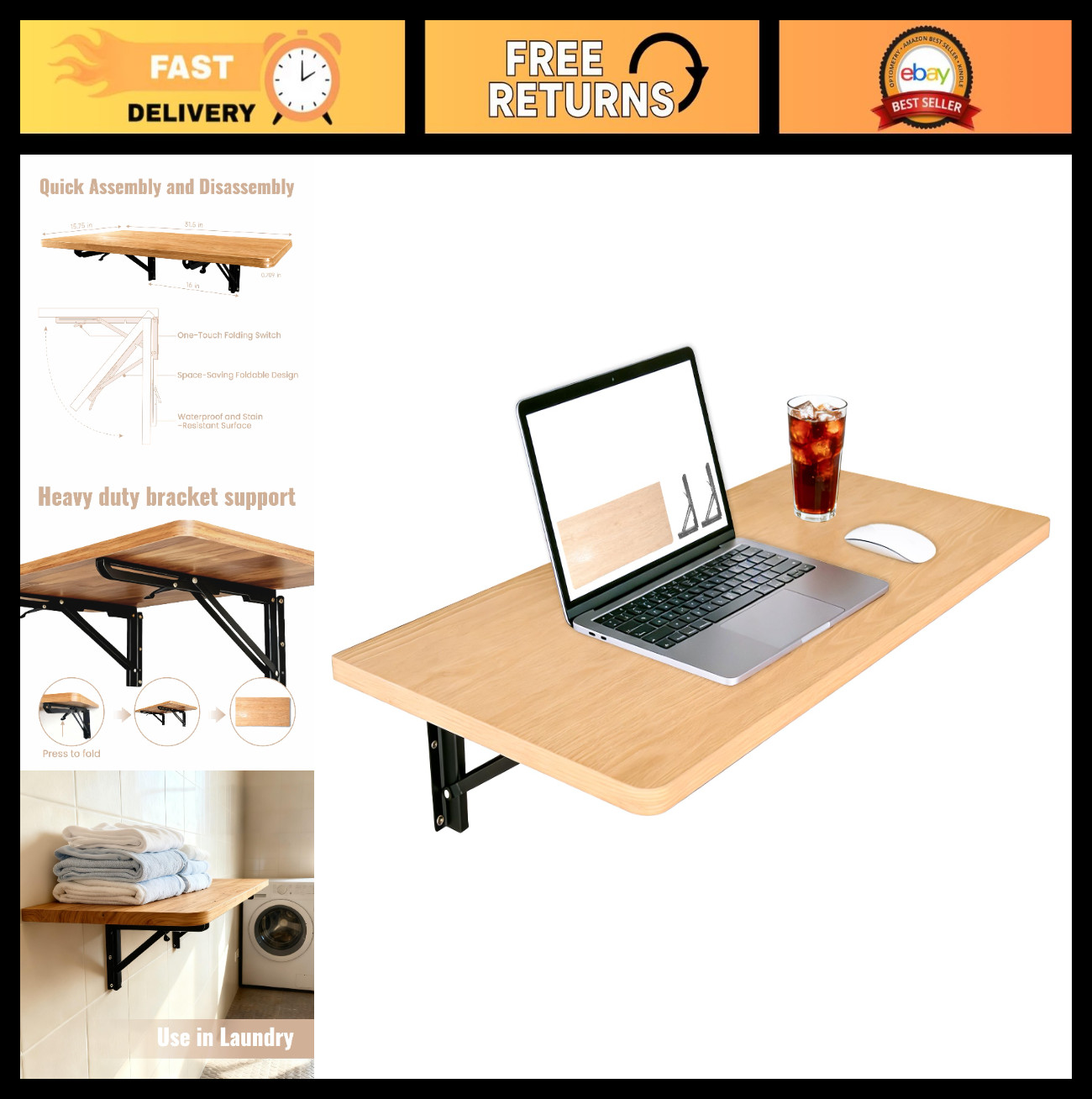 Space-Saving Wall Mounted Folding Table for Garage, Laundry Room & Home – 100 LB