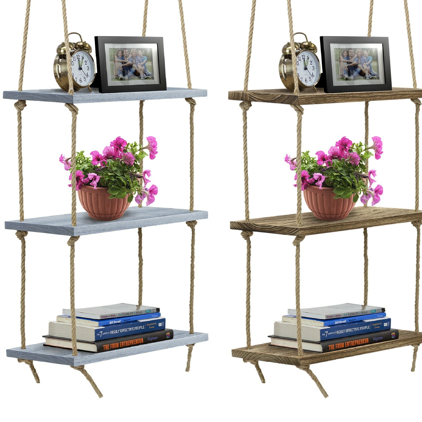 Sorbus 3-Tier Rope Hanging Floating Shelfs – Rustic Wood Swing Shelves Organizer