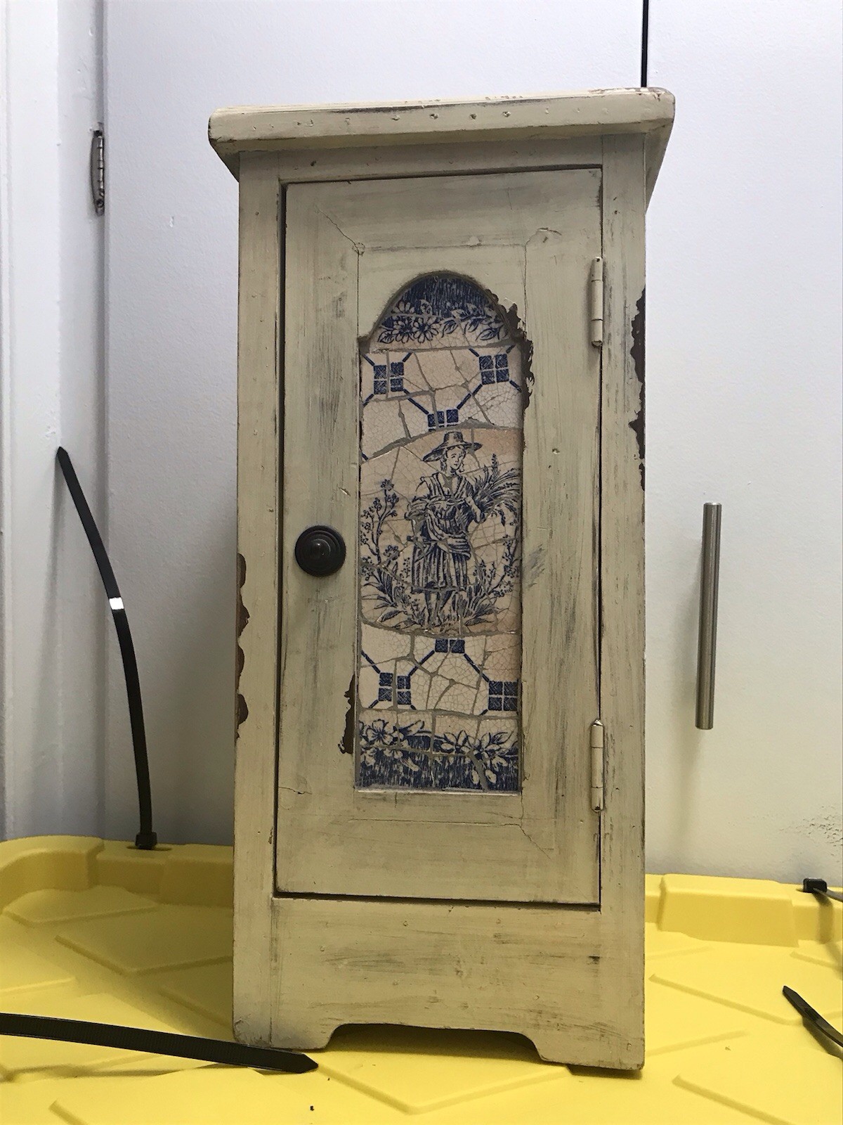 Vintage Tabletop Cabinet Delft Mosaic Tile Shabby Chic French Cottage Decor