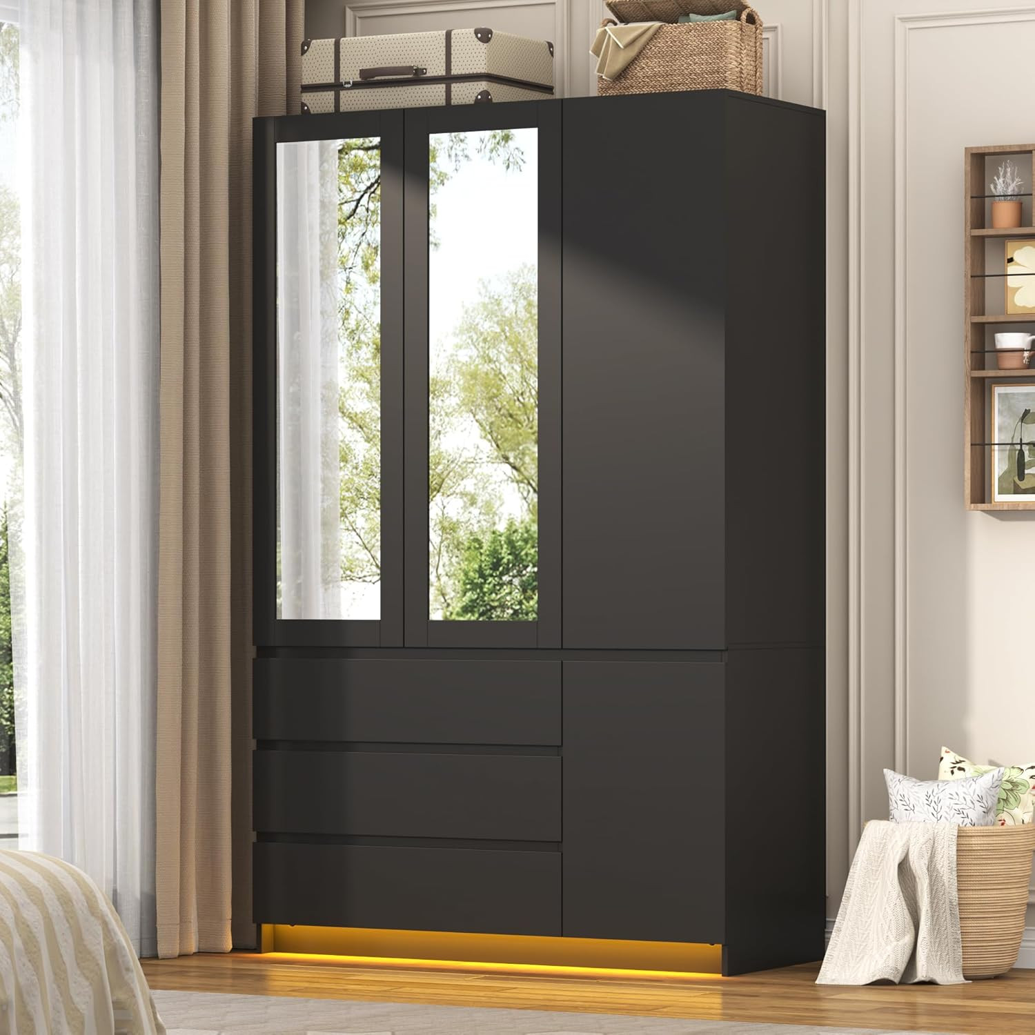 3 Doors Armoire Wooden Wardrobe Closet with 3 Drawers & 2 Mirror, 75″H Clothing