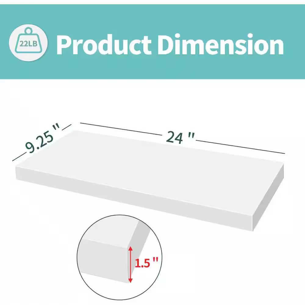 24 In. W X 9.25 In. D Hanging Floating Shelf with Invisible Brackets, Modern Whi