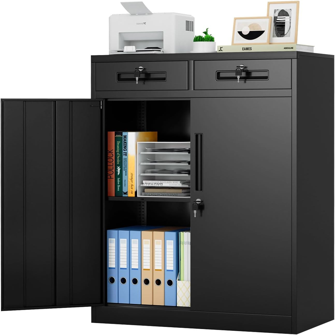 Garage Cabinets with Wheels, 73″ H Metal Locking Cabinet with 2 Doors and 4 Shel