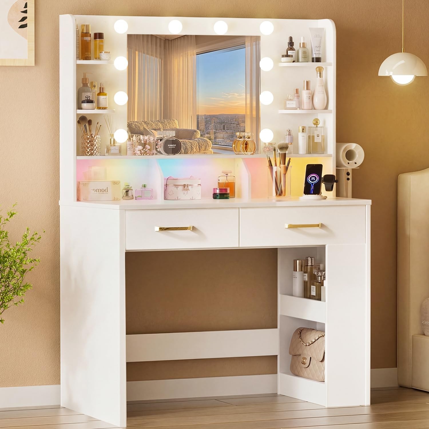 COMHOMA Vanity Desk with Lighted Mirror and Power Outlet, RGB LED Lights Make…