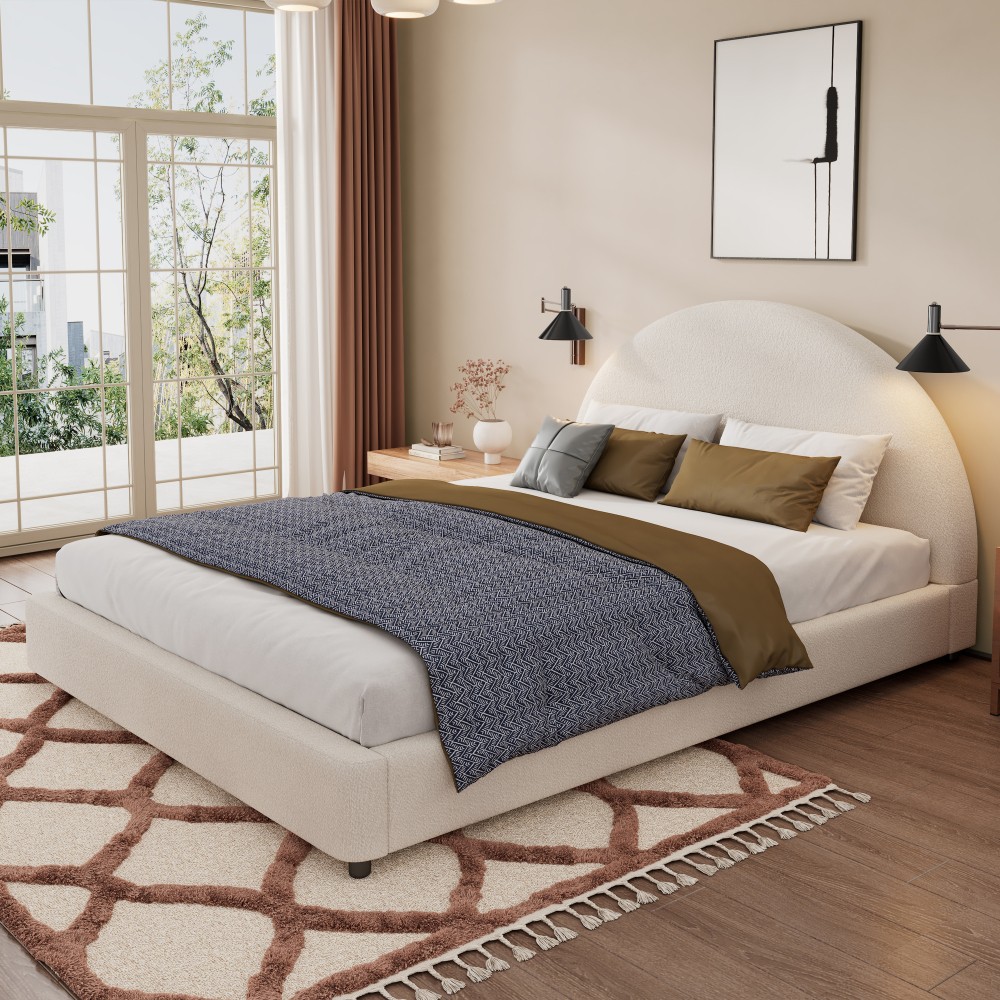 Queen Size Bed Frame With Boucle Upholstered Round Curved Headboard, White