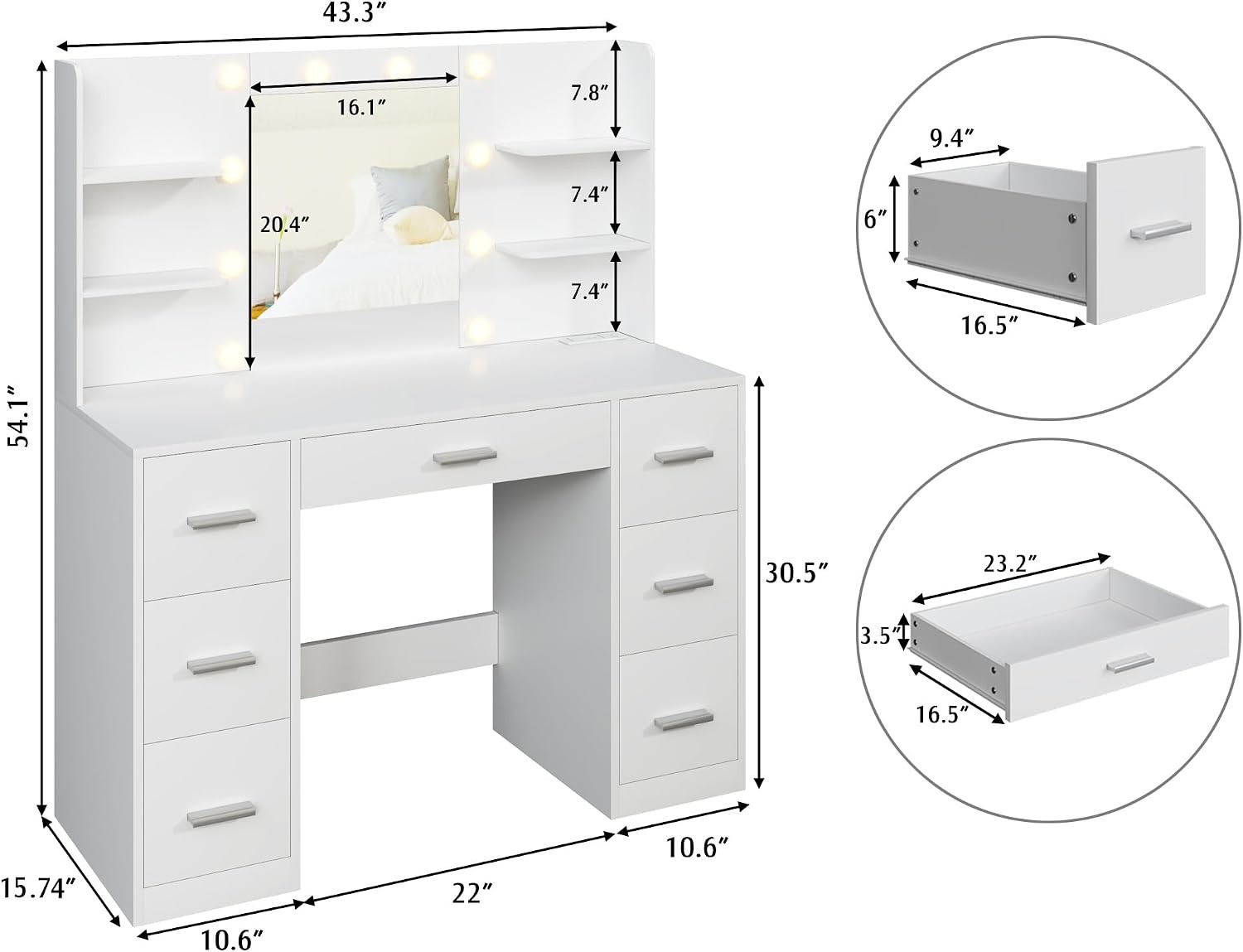 Vanity Desk with Mirror,Power Outlet and 10 Lights, Makeup Table with 7 Drawers