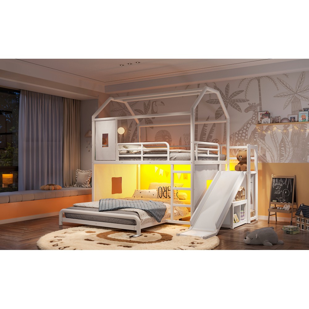 Full over Full House Metal Bunk Bed with Storage Cabinet and Hanging Rod,Slide