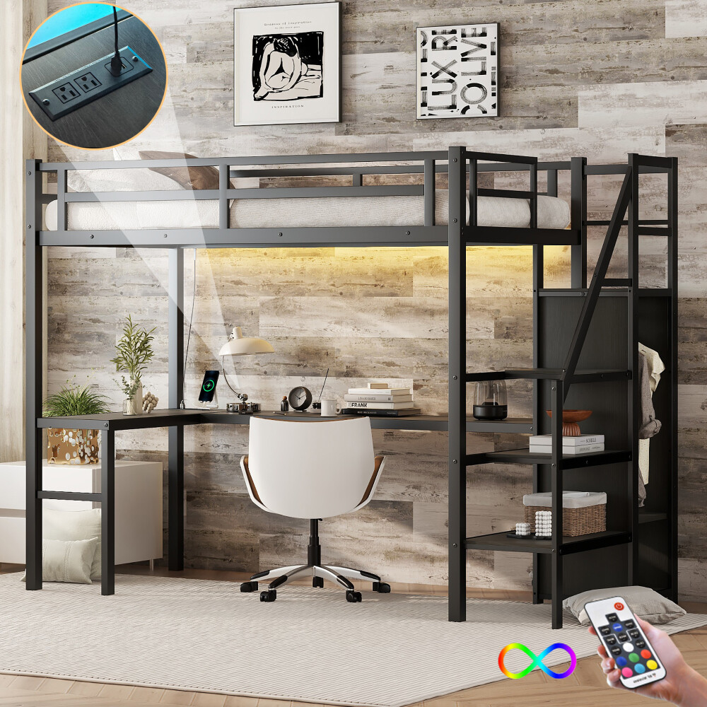 Twin XL Size Loft Bed with L-shaped Desk and USB Metal for Kids Teens Adults