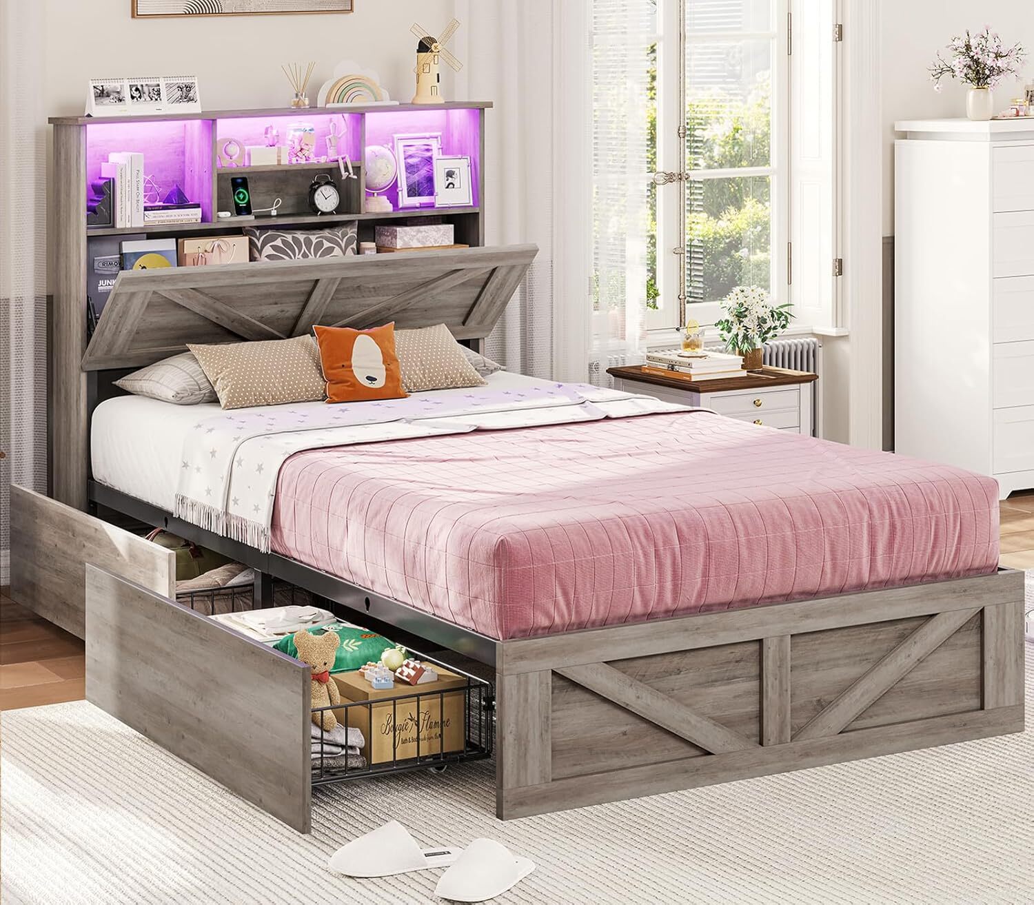 Farmhouse Bed Frame with Bookcase Storage Headboard & 4 Drawers. LED Wooden Bed