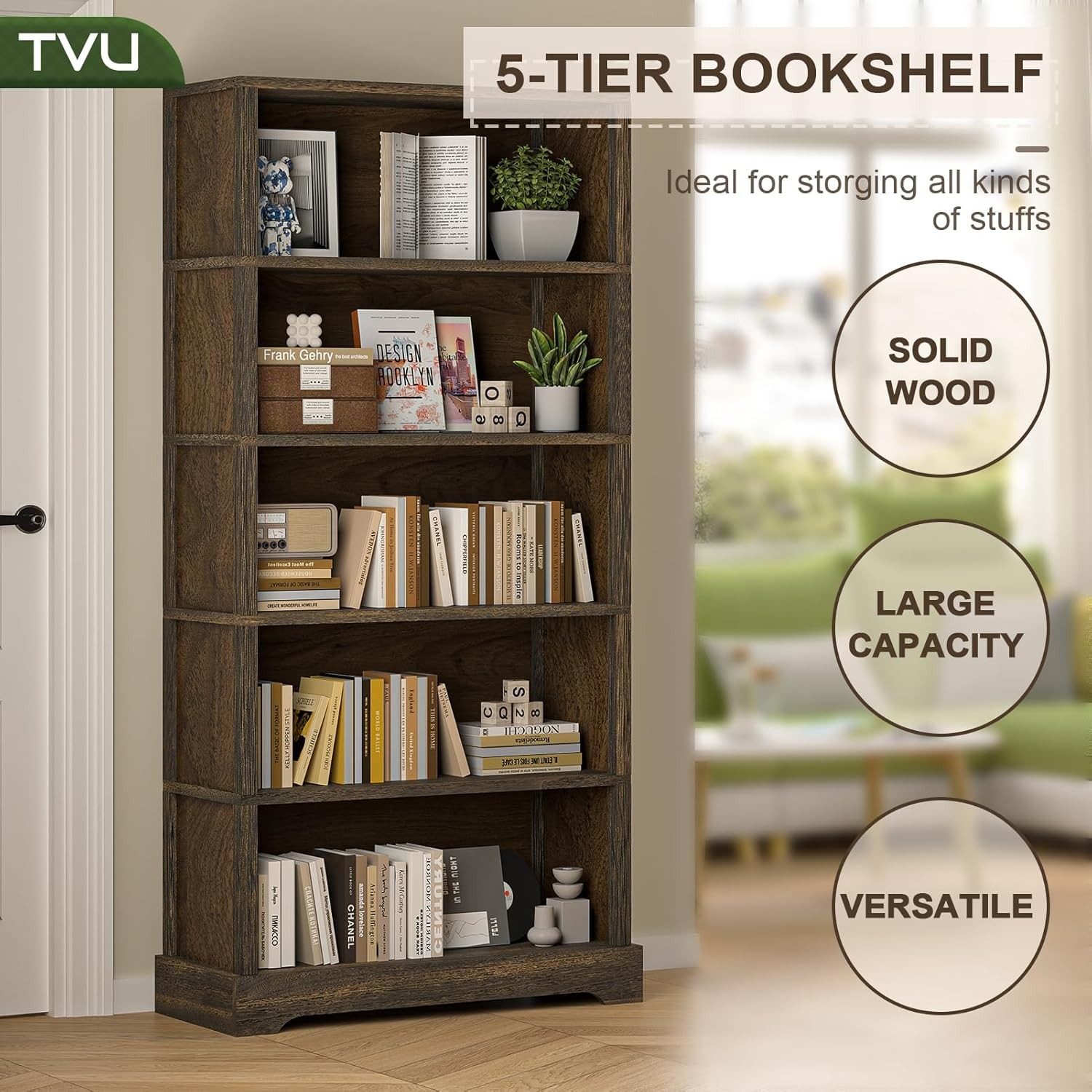 5-Tier Wooden Book Shelf Floor-Standing Display Bookcase 77.2″ H x 31.5″ W x 11″