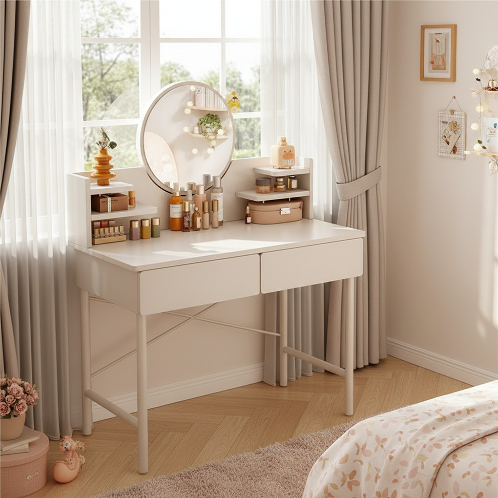 2-Tier Drawer White Vanity Desk Smart Light Mirror Bedroom Makeup Furniture