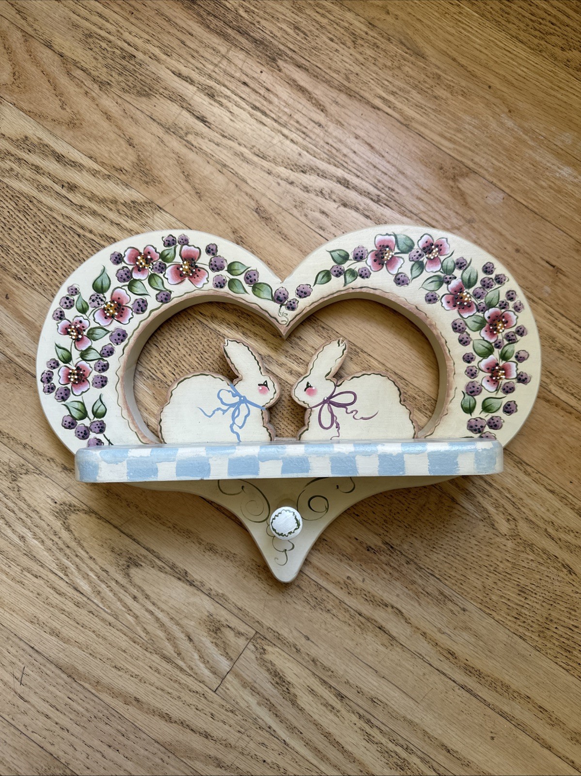 Vintage Folk Art Bunny Wall Shelf Wooden Country Cottage Display Handpaint Heart