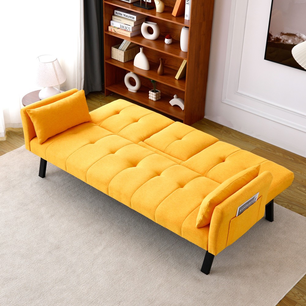 70″ Cotton Linen Sofa Bed, Foldable Sofa w/Cup Holder& Storage,Multi-Functional