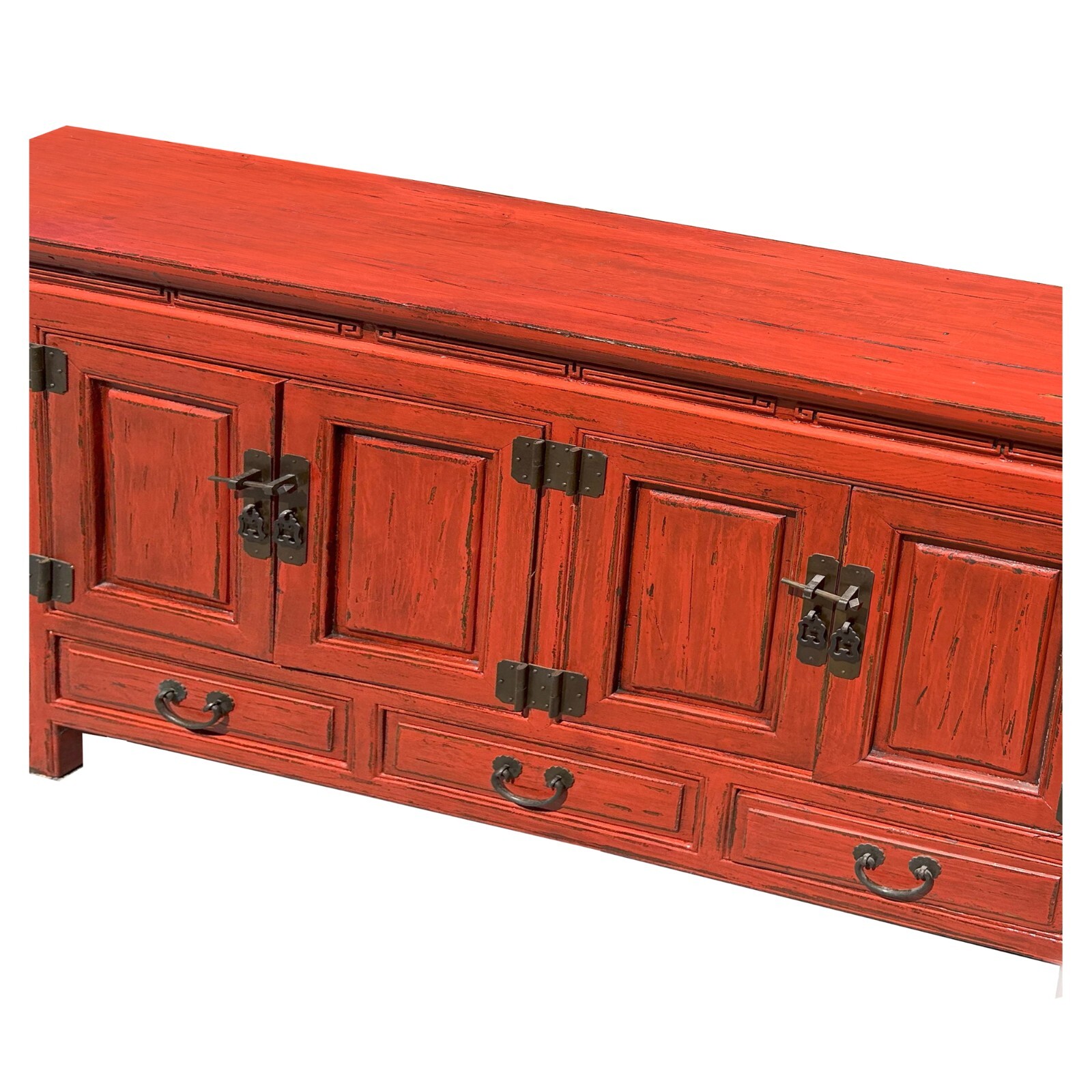Oriental Distressed Brick Orange Red Lacquer Low Table TV Console Cabinet ws4050