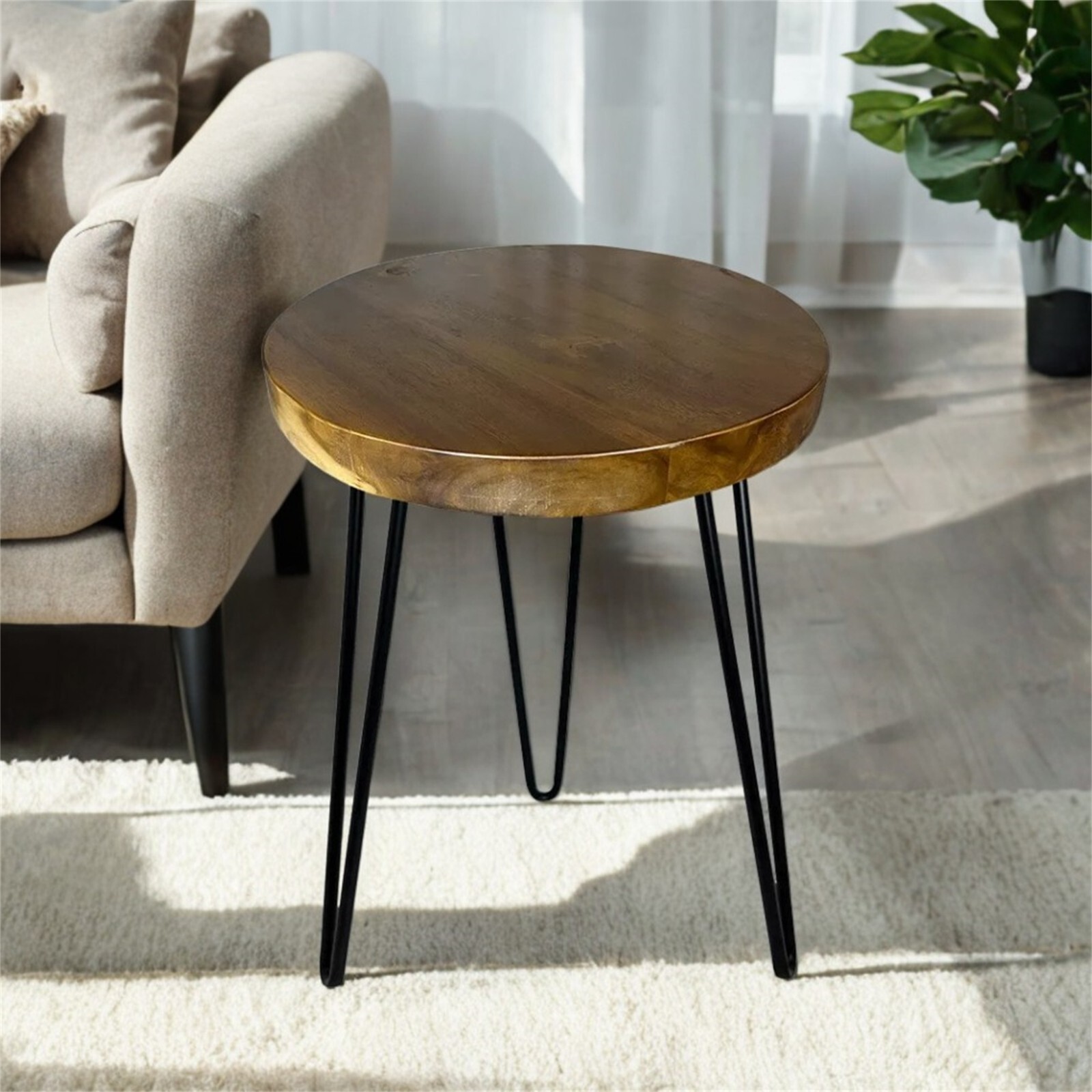 Natural Teak Wood Round End Side Table with Hairpin Legs 21″ H Home Decor