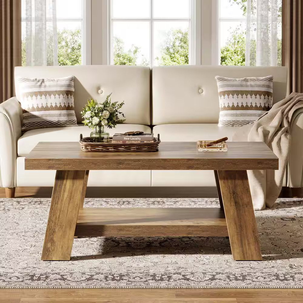 Allan 47.24 In. Brown Coffee Table, 2-Tier Rectangle Wood Coffee Table, Farmhous