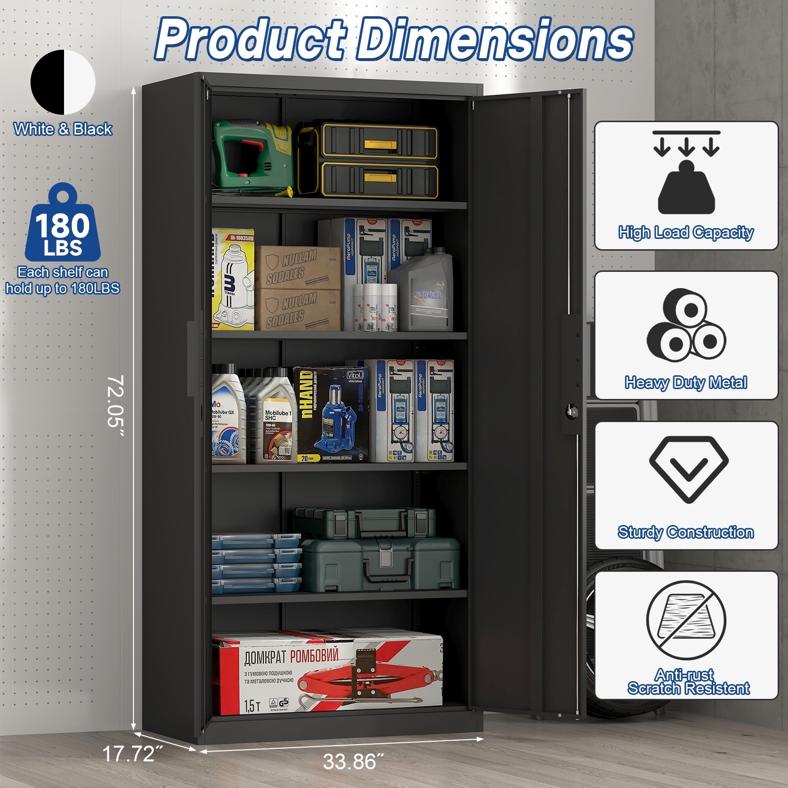 Metal Garage Storage Cabinets,72” Steel Lockable Cabinet with Doors and Shelves