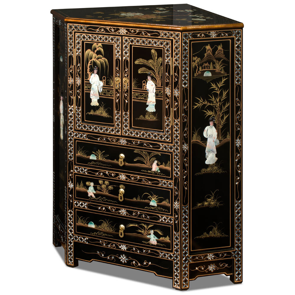 US Seller – Black Lacquer Mother of Pearl Oriental Corner Cabinet