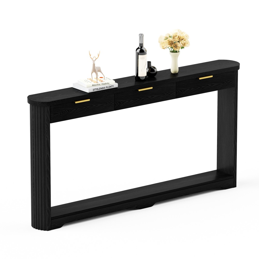70.1″ Wavy-Patterned Storage Table with Drawers; a slim wooden side table
