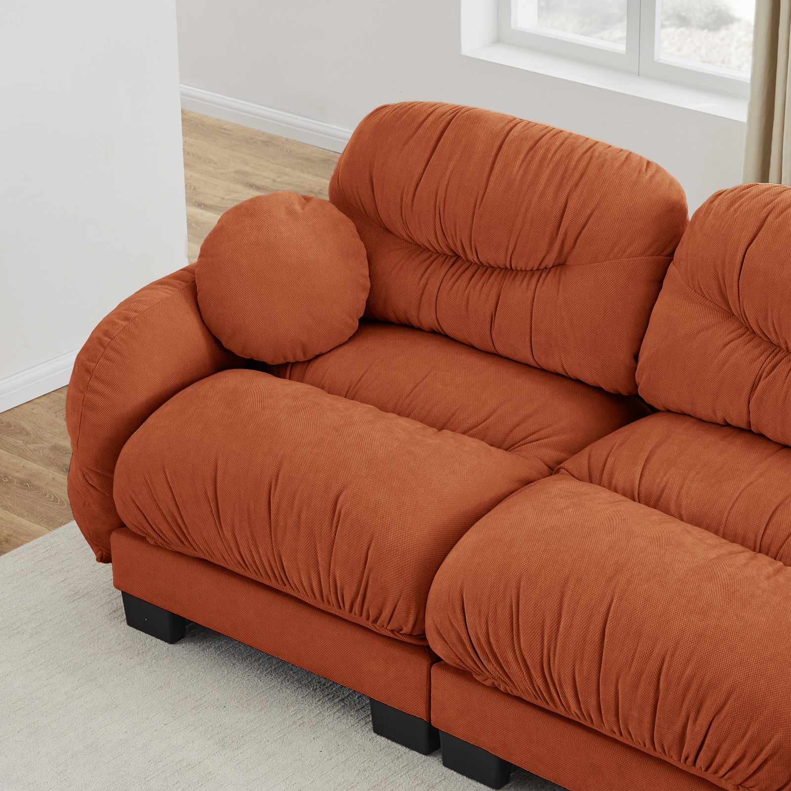 2-Seater Orange Chenille Sofa Modular W/ High-Density Foam & Throw Pillows