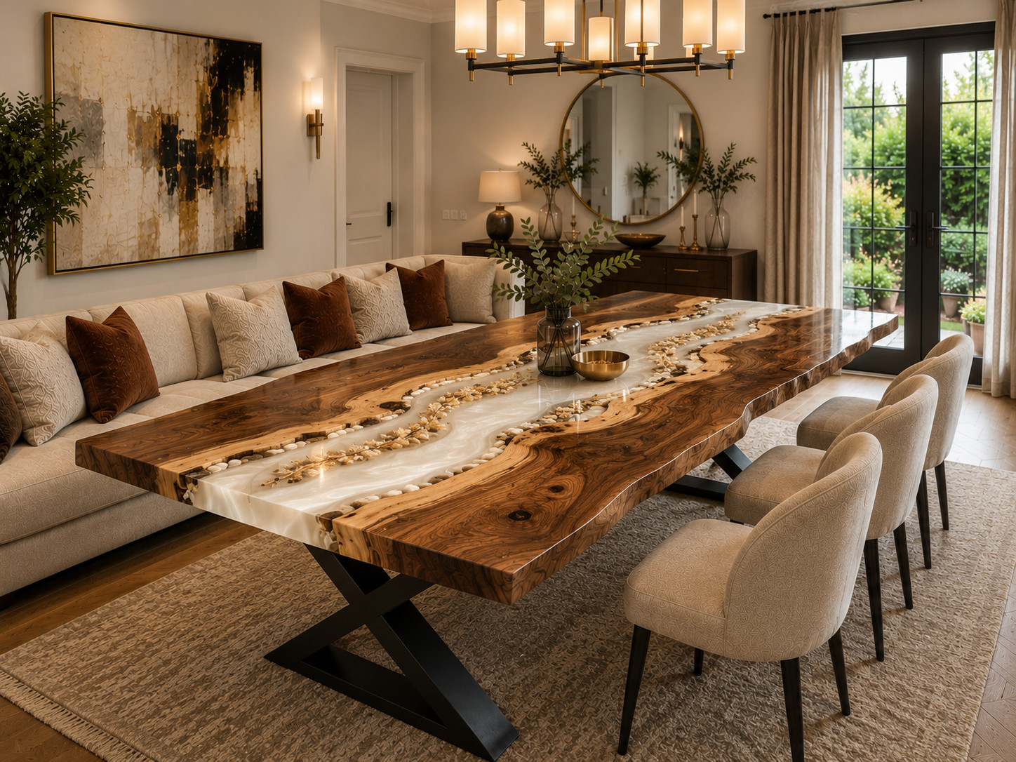 Handmade Live Edge Walnut Epoxy River Dining Table | White Resin River dining