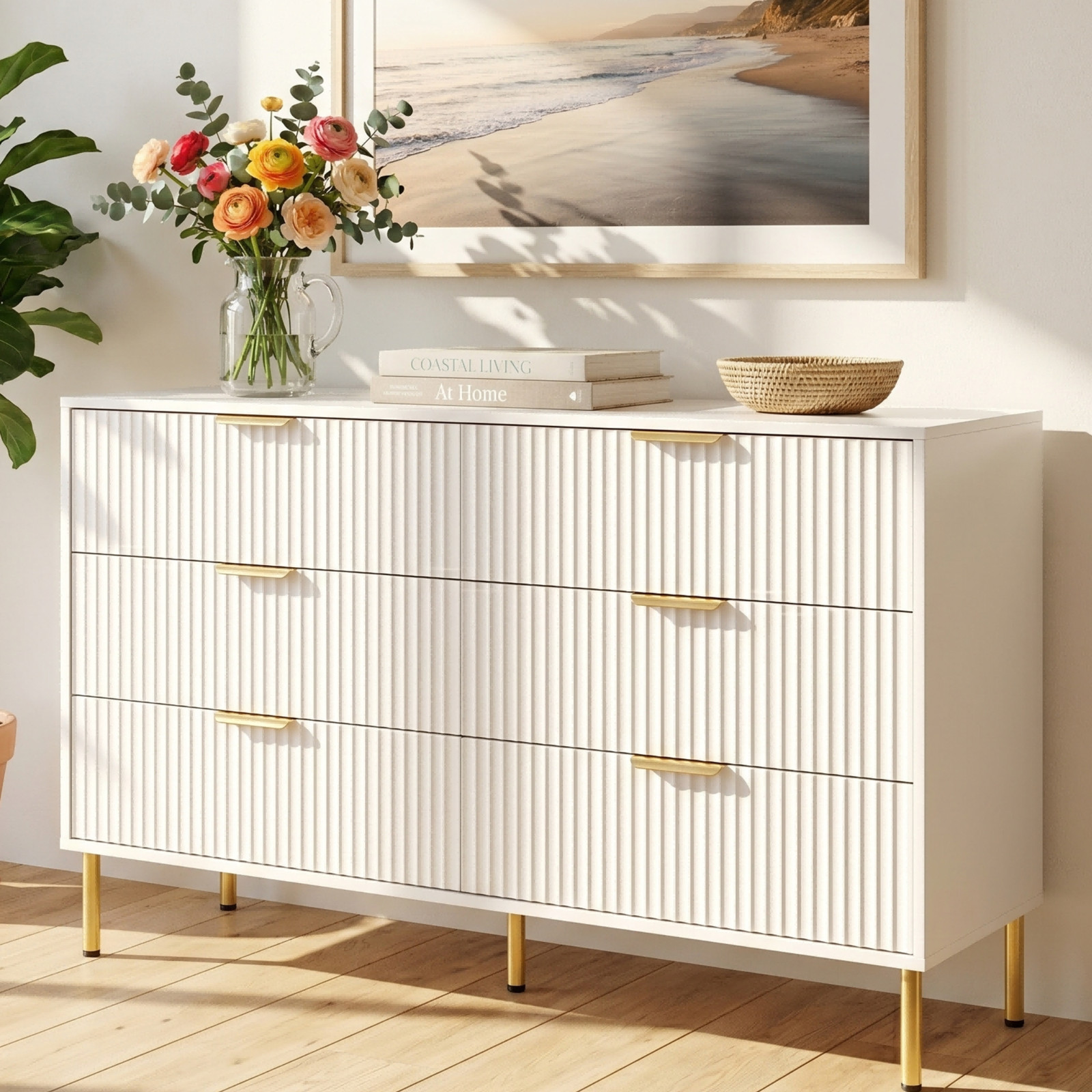 47″ Fluted 6-Drawer Dresser, Gold Handles & Metal Legs, Cream White Wooden Chest